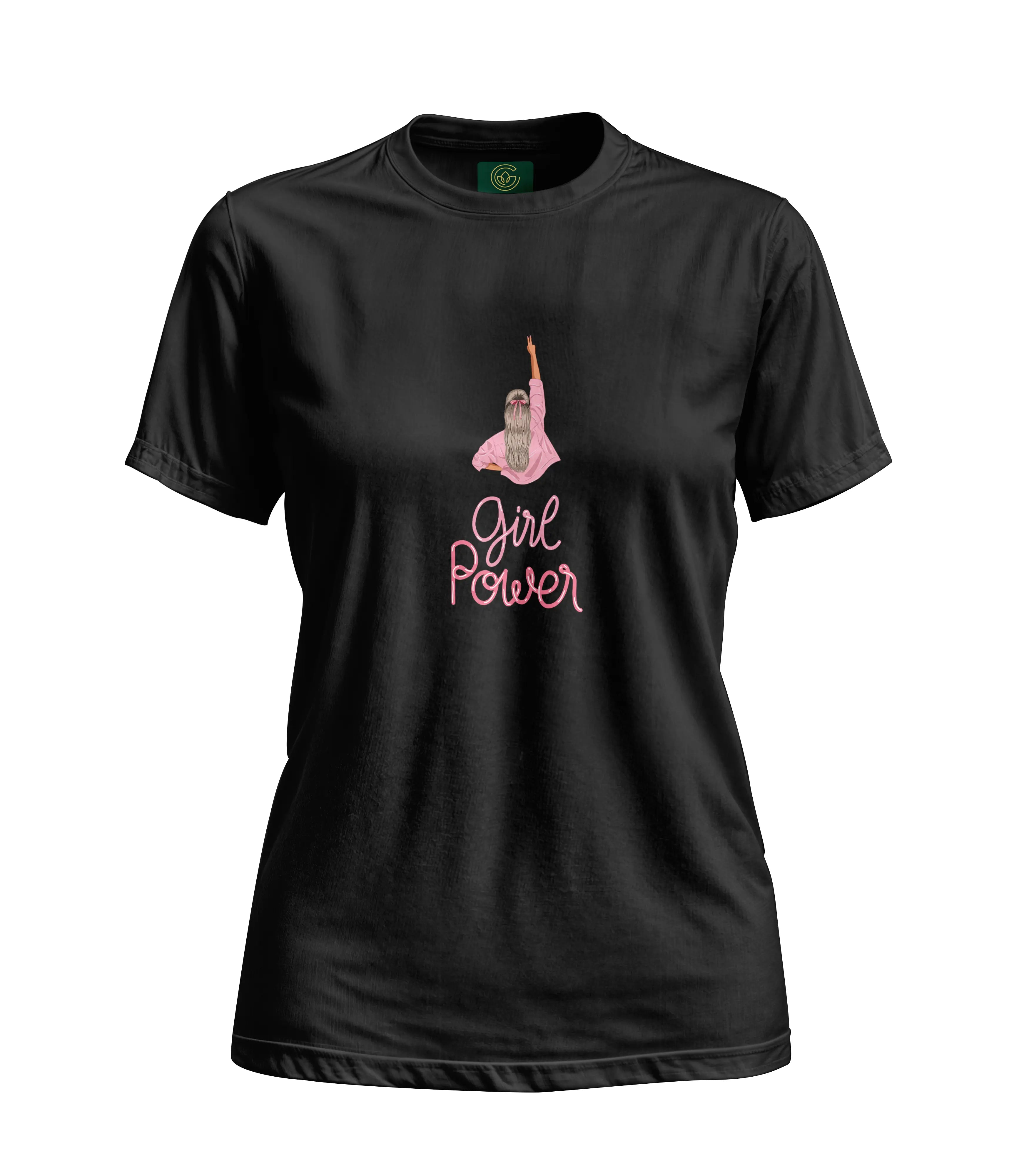 Black t-shirt with 'Girl Power' text and graphic on a white background