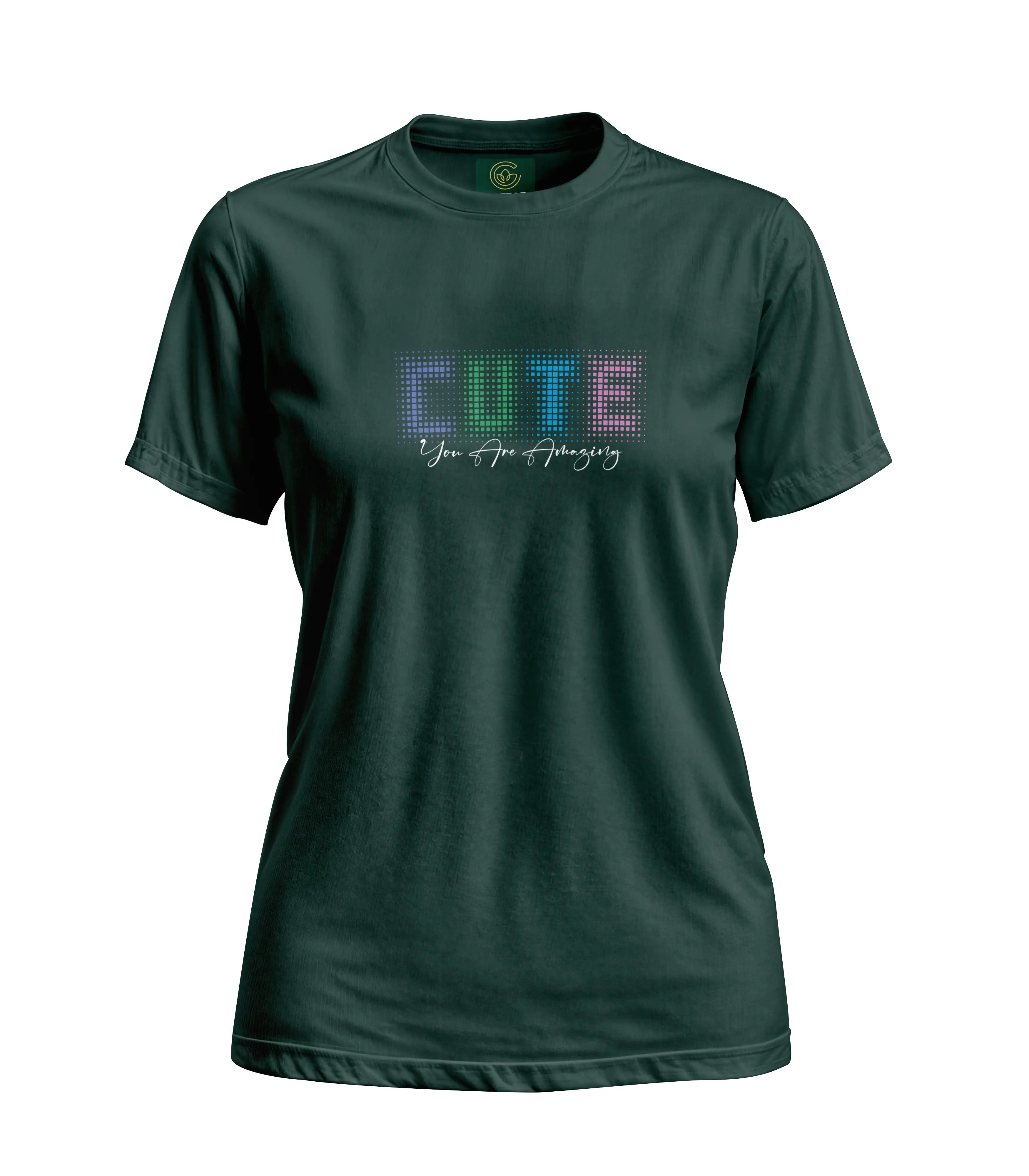 Green t-shirt with colorful 'CUTE' text on a white background