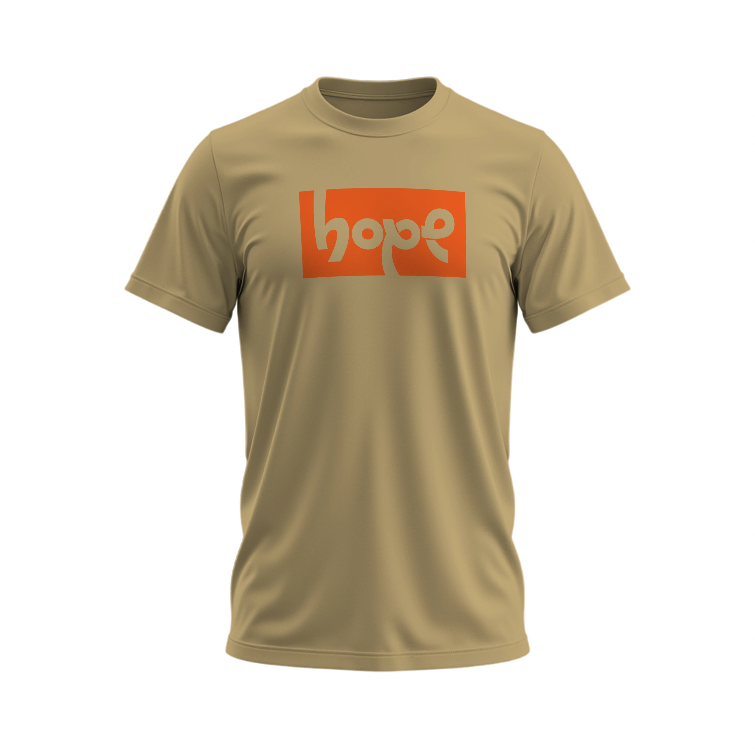 Beige t-shirt with an orange 'hope' logo on a white background