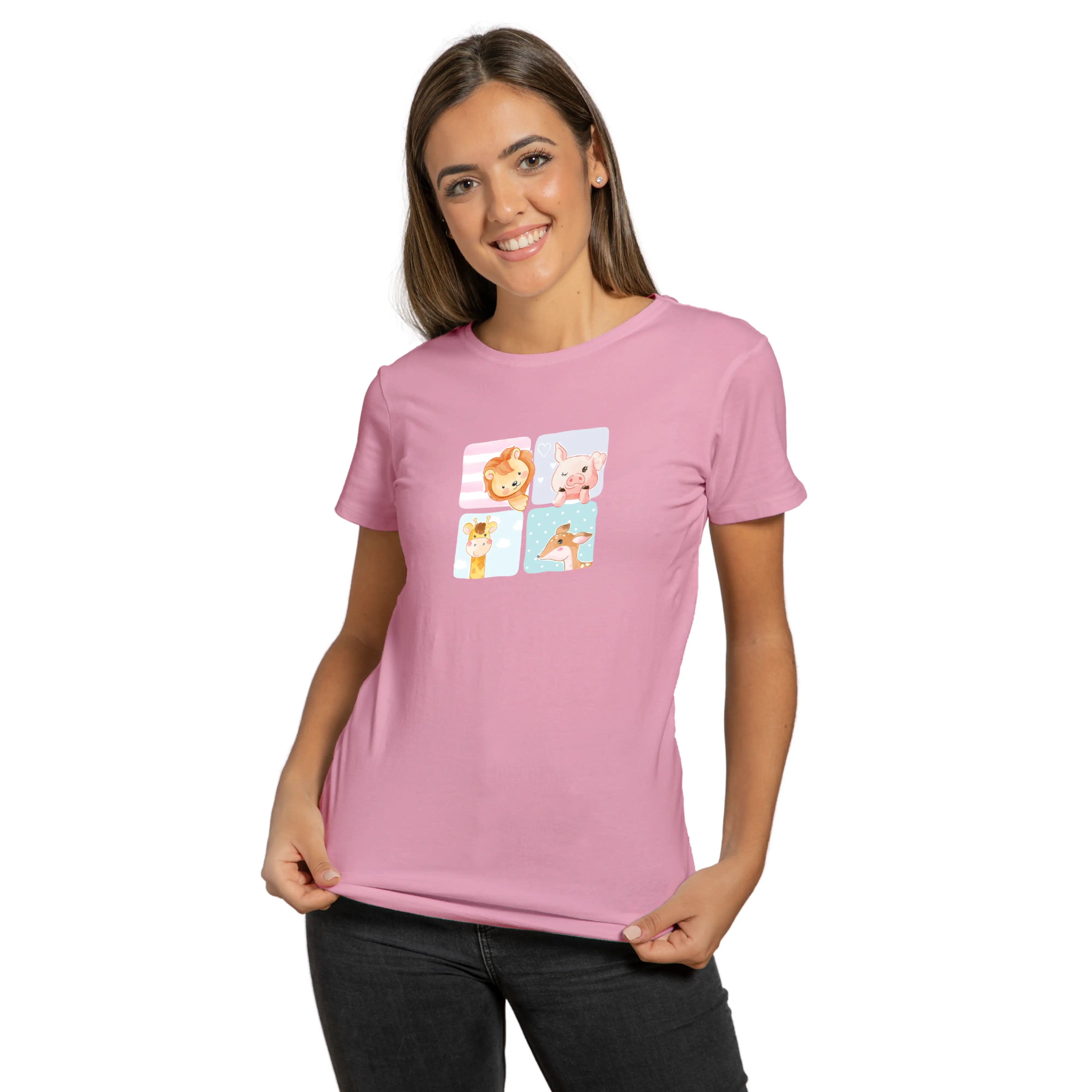 Woman wearing a pink t-shirt with four square graphics on a white background