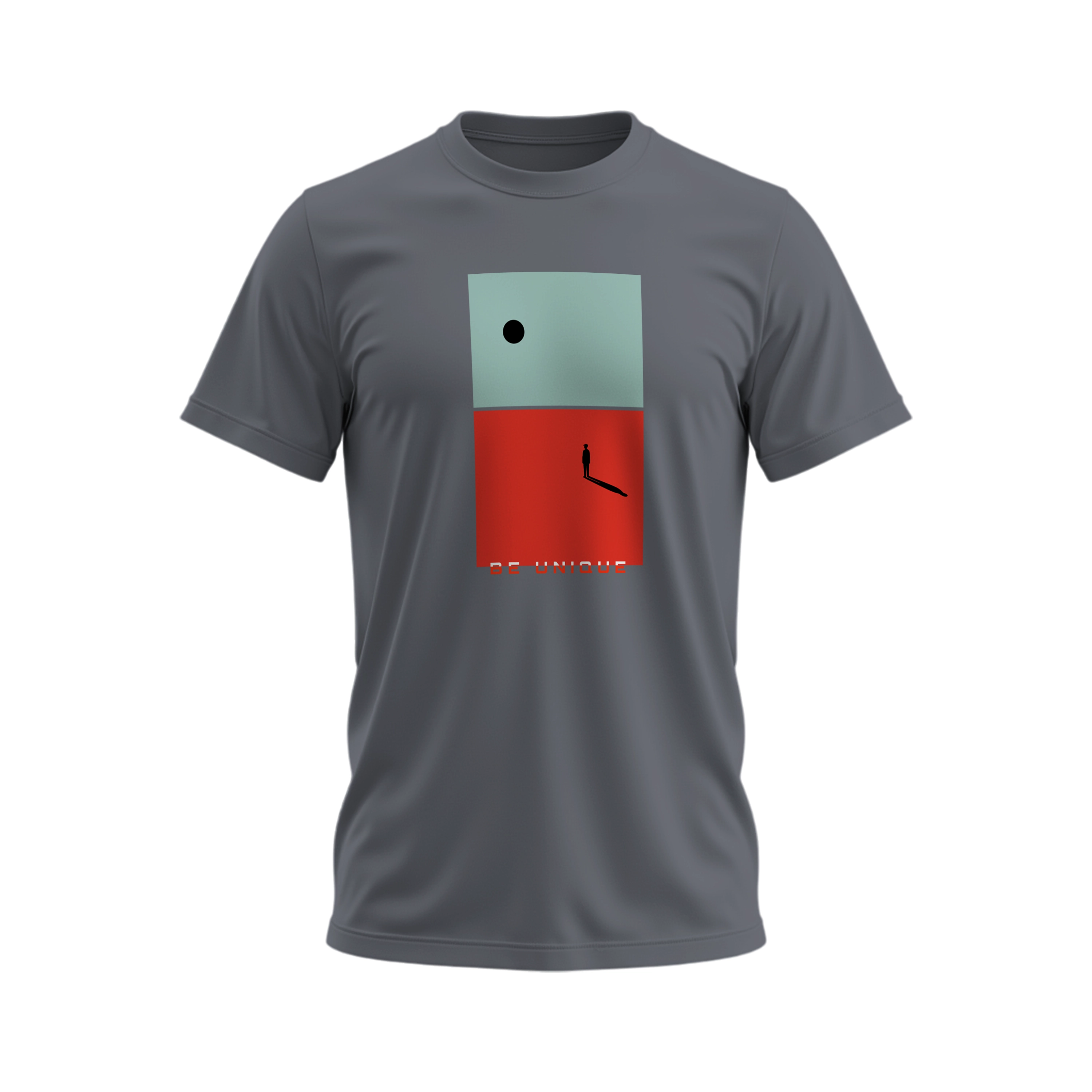 Gray t-shirt with a colorful square design on a white background