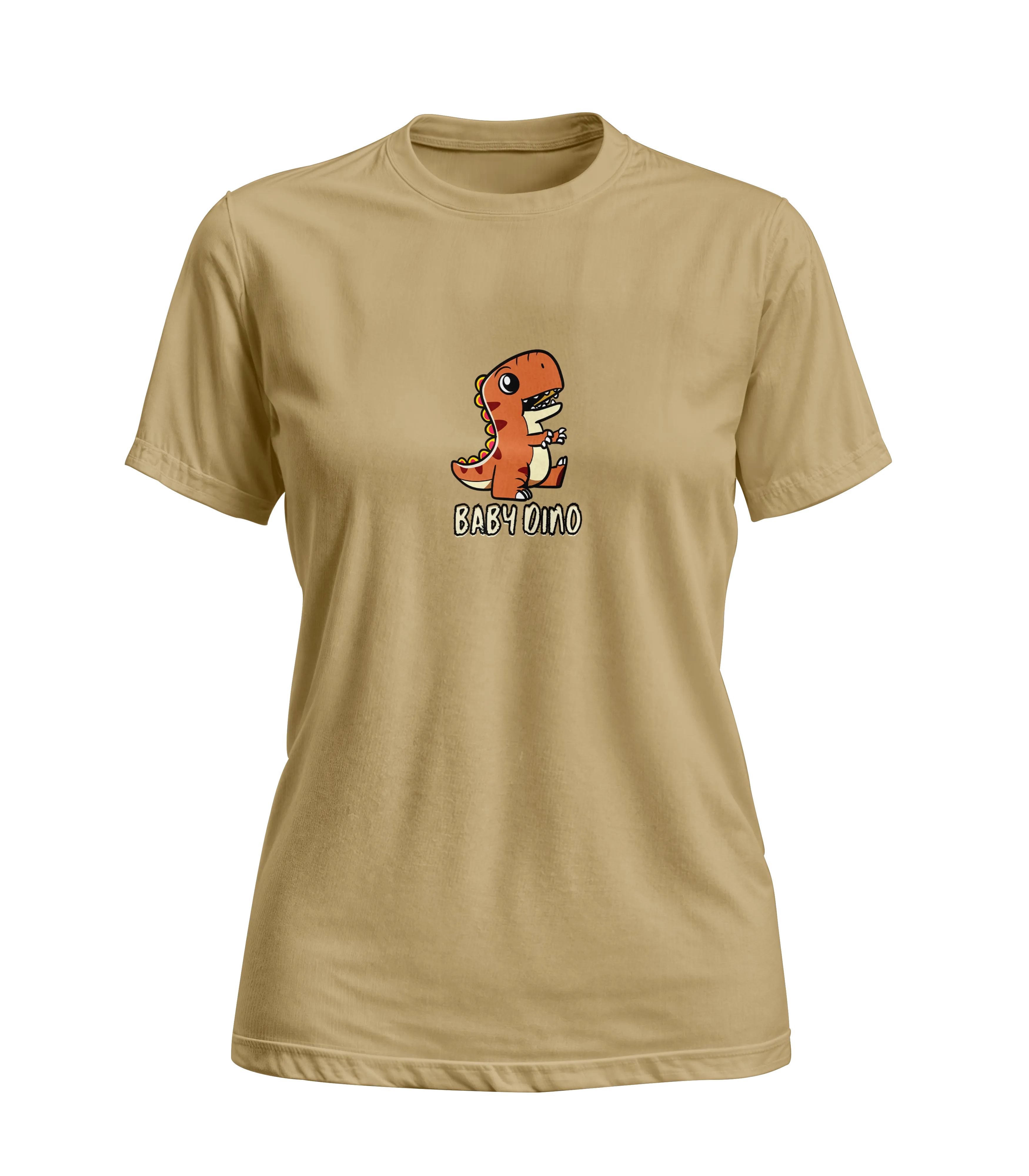 Beige t-shirt with a dinosaur graphic and 'BABYDINO' text on a white background