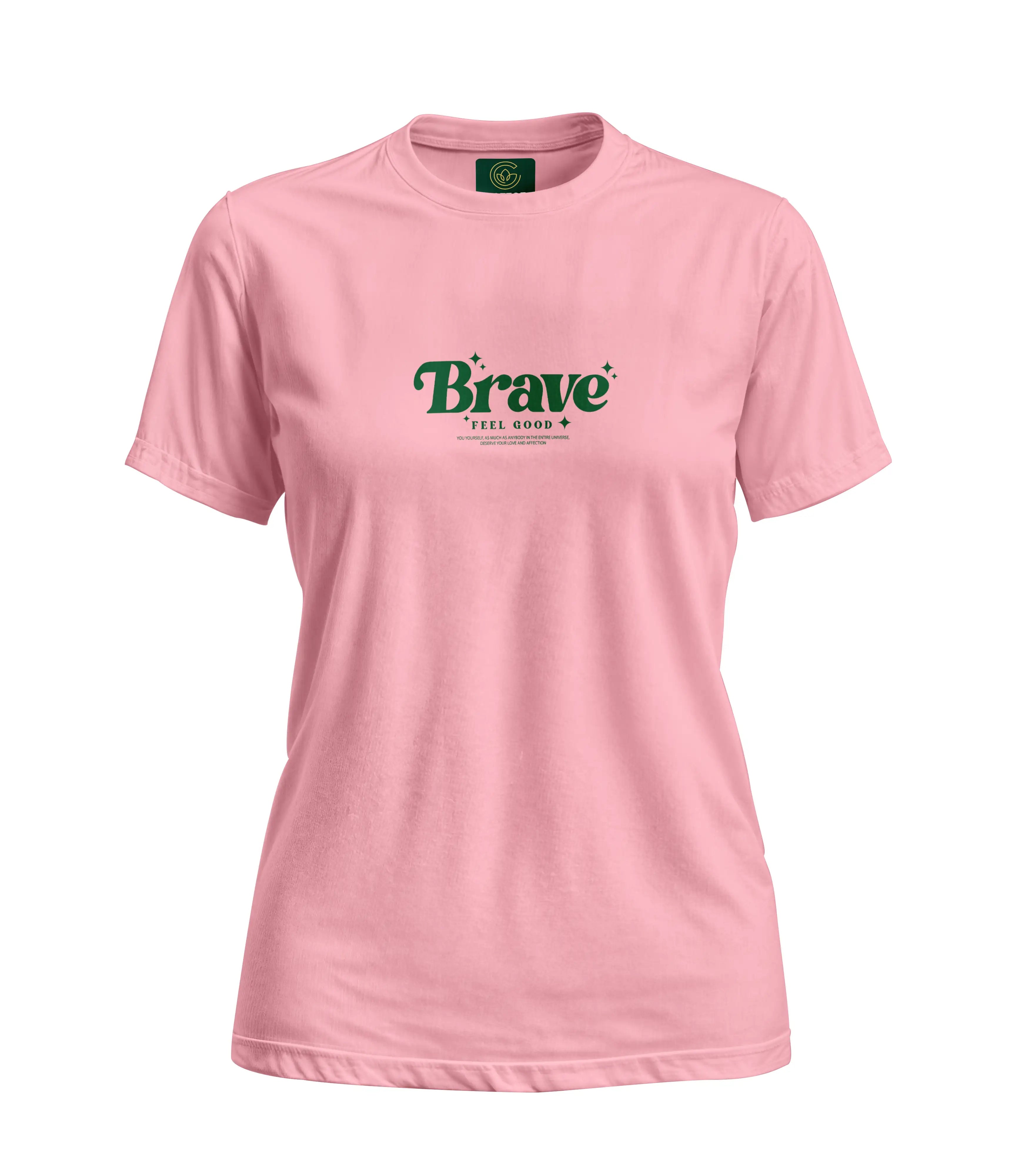 Pink t-shirt with 'Brave' logo on a white background