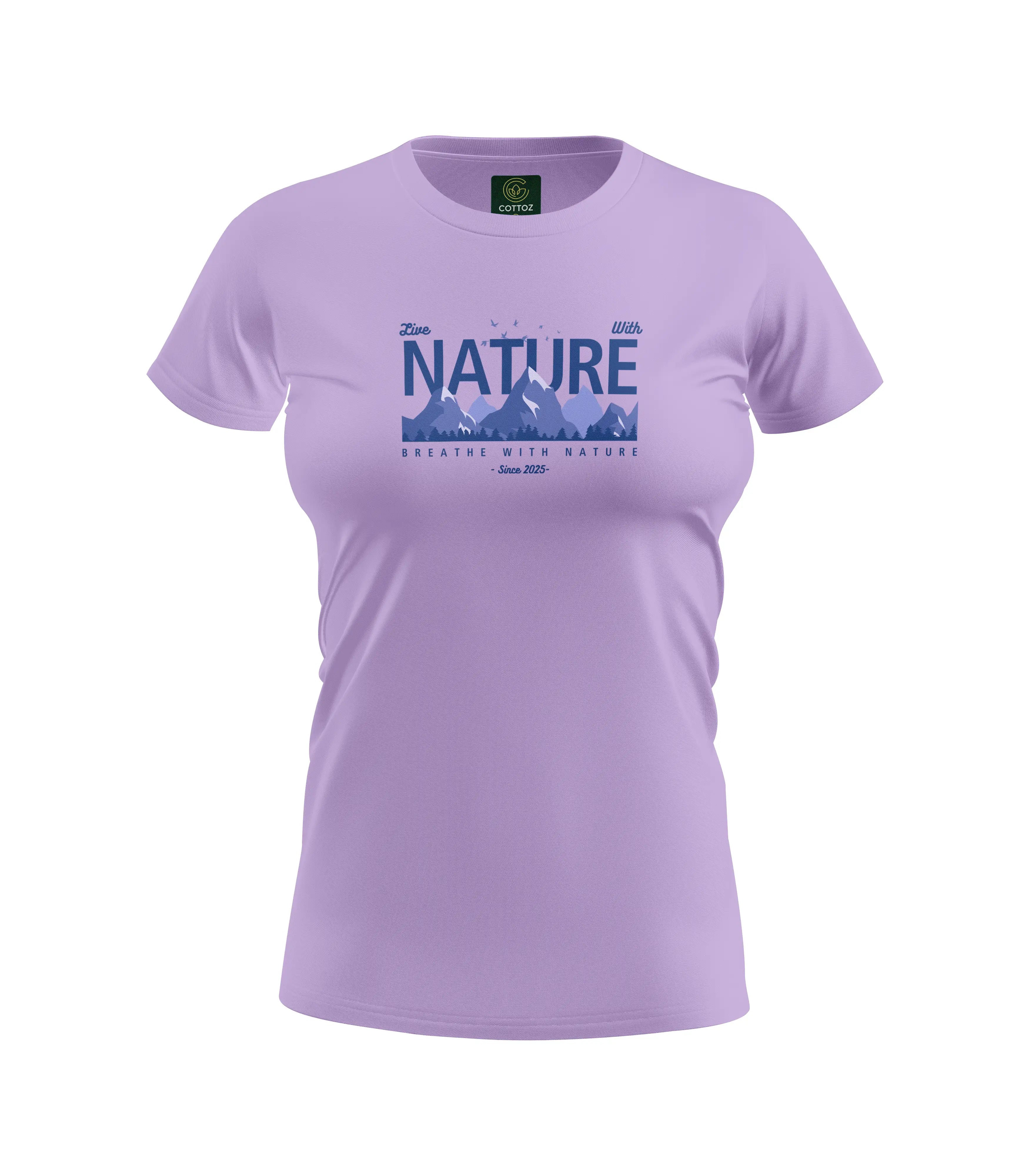 Purple t-shirt with nature graphic and text on a white background