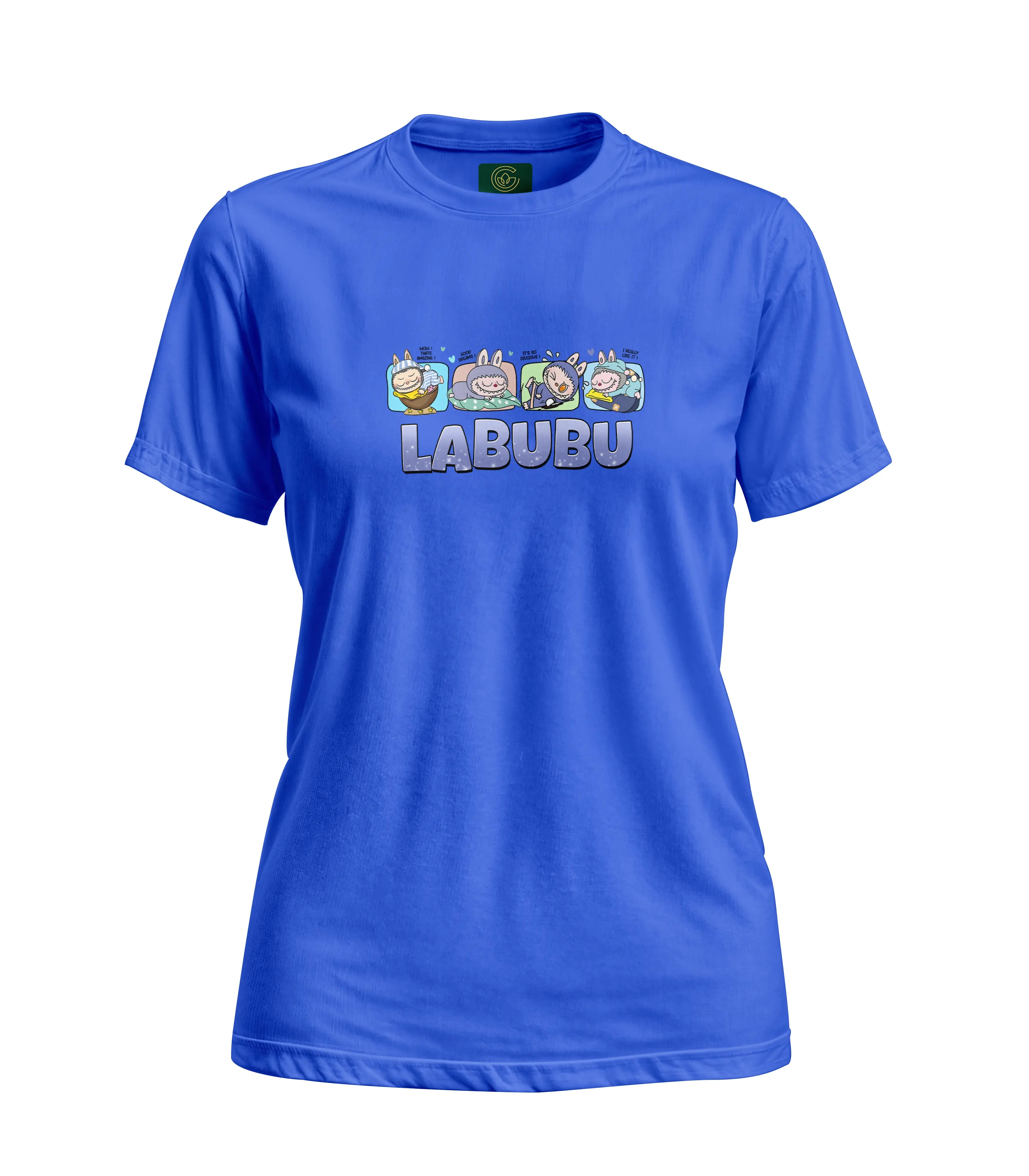 Blue t-shirt with 'LABUBU' branding on a white background
