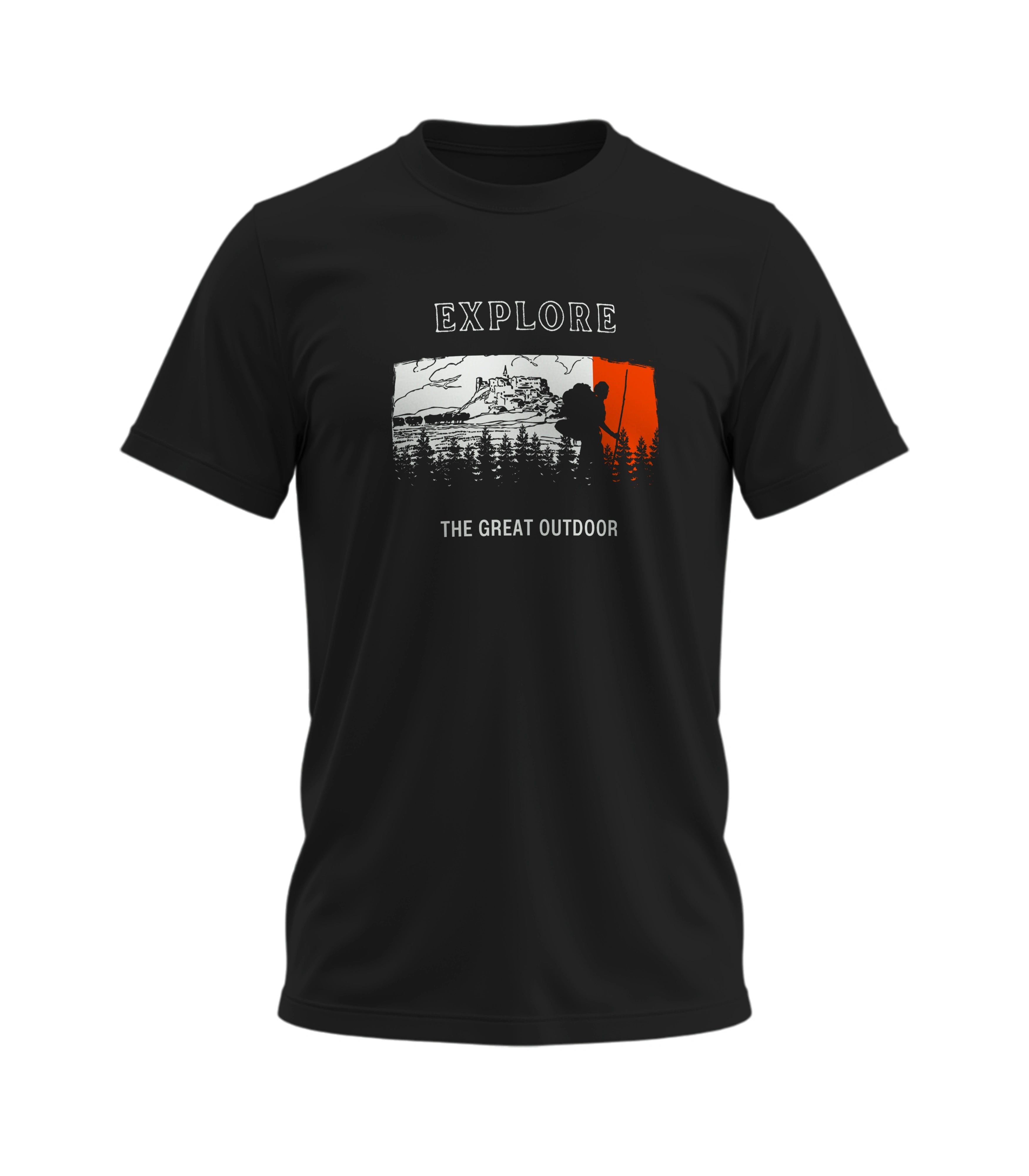 Black t-shirt with outdoor graphic and 'Explore the Great Outdoors' text on a white background