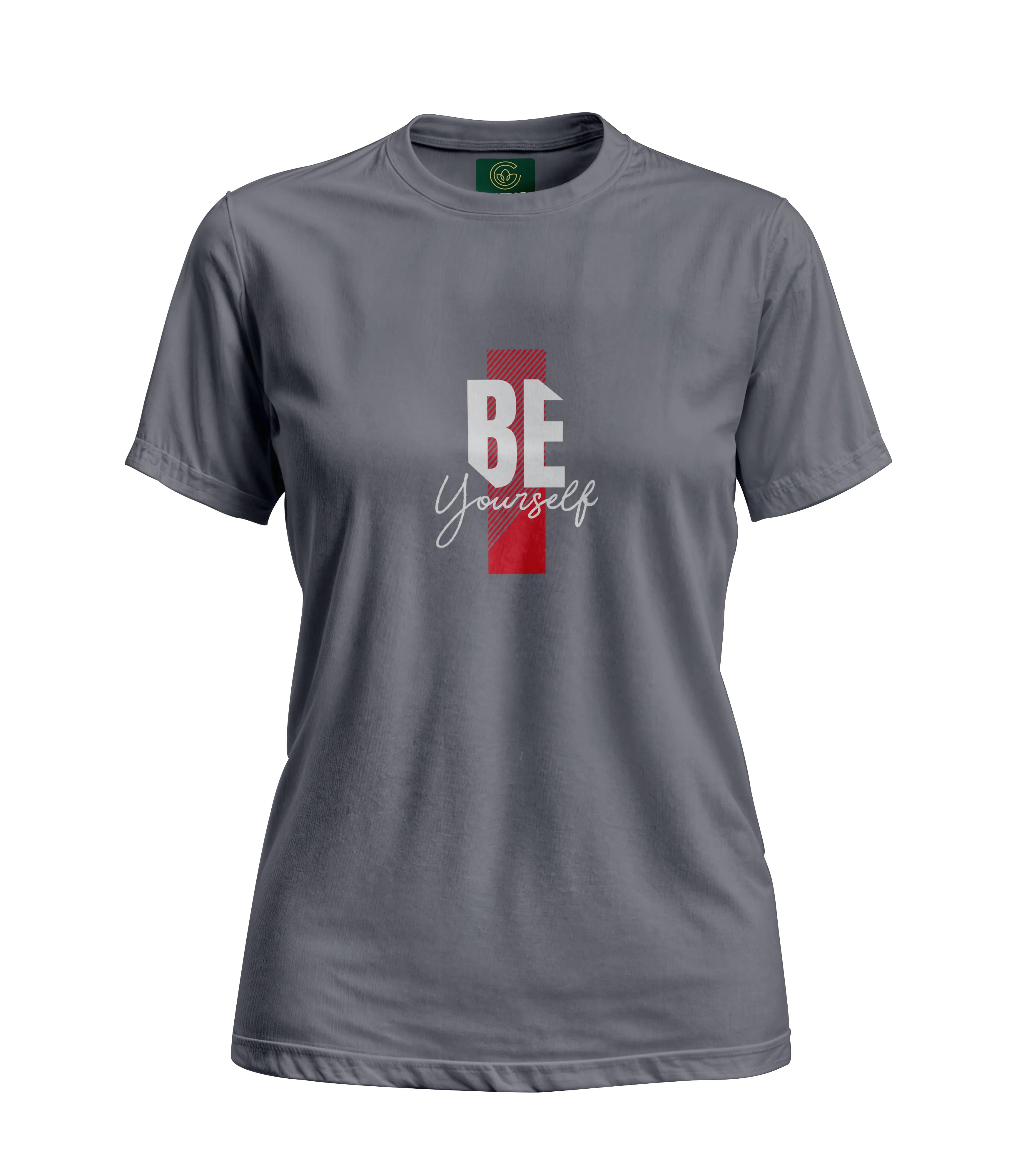 Gray t-shirt with 'BE Yourself' text design on a white background