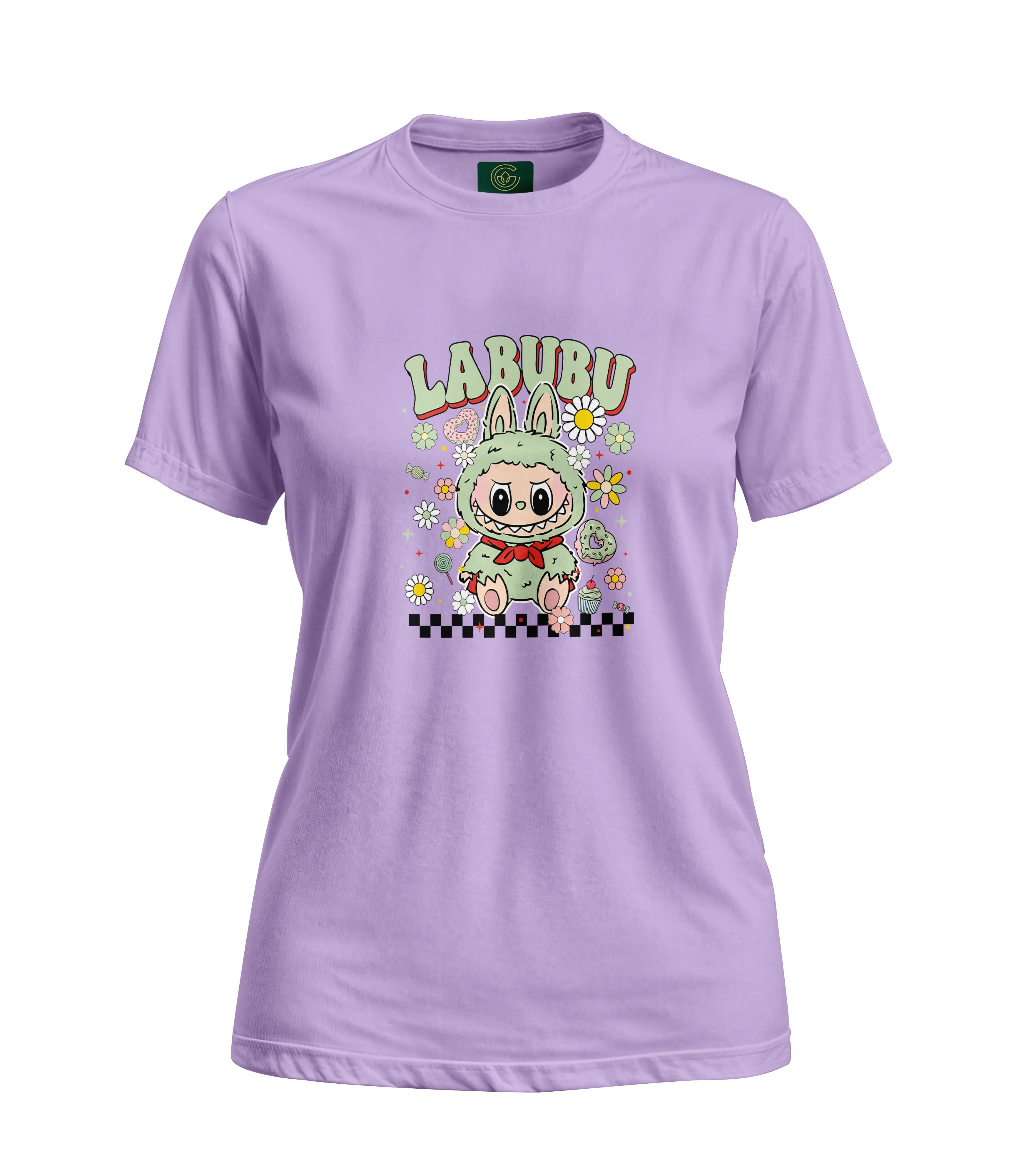 Purple t-shirt with a cartoon character and 'LABUBU' text on a white background