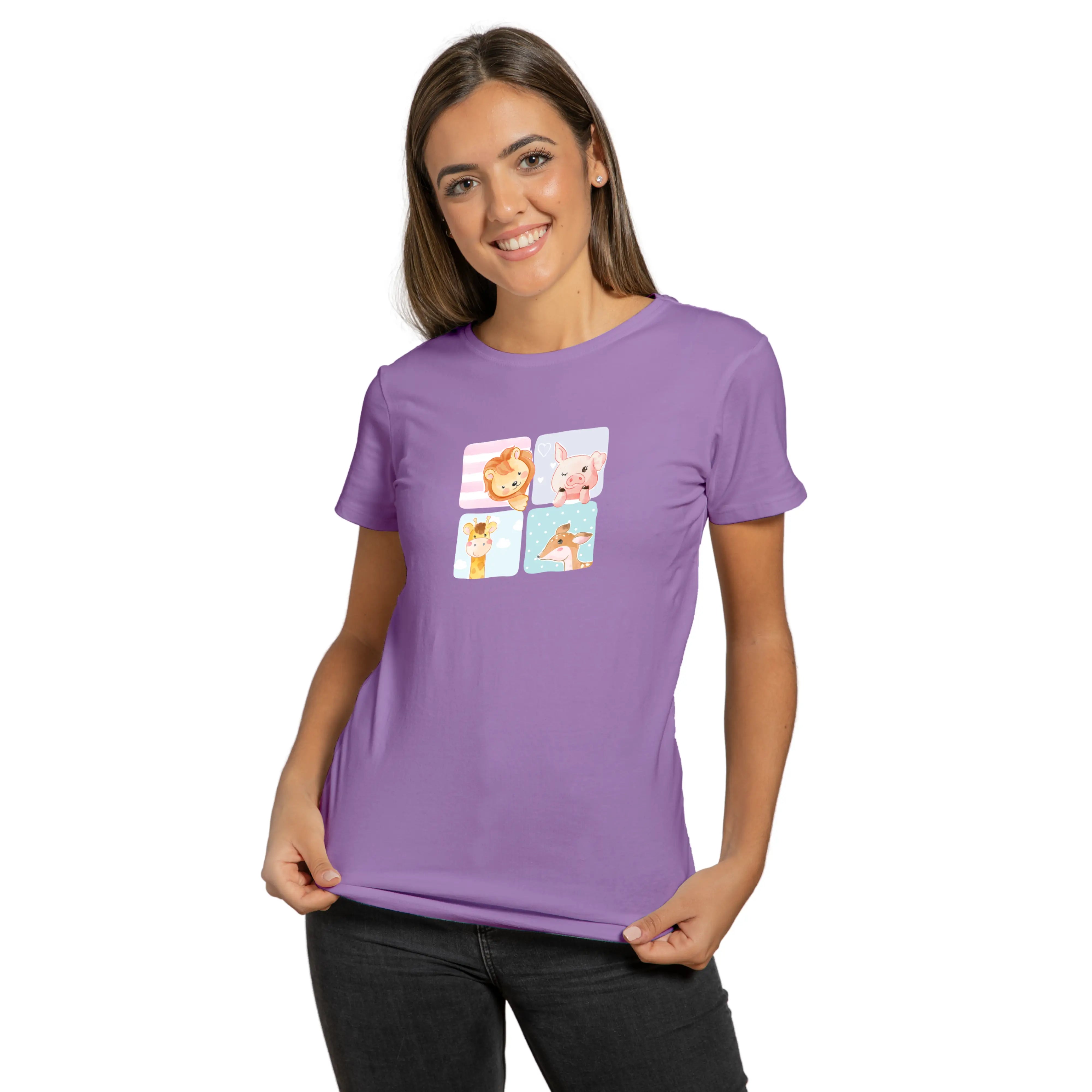 Woman wearing a purple t-shirt with four square graphics on a white background