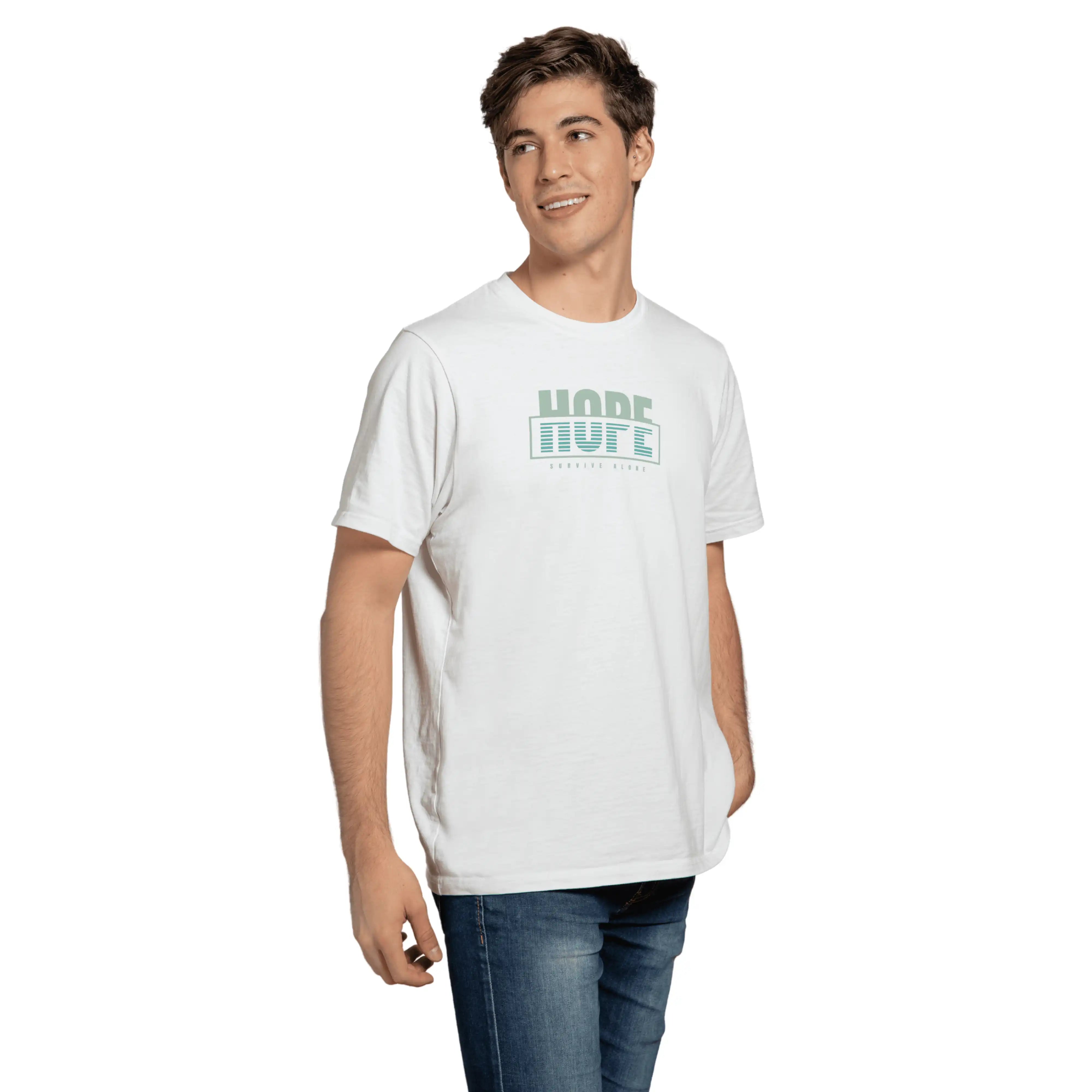 Man wearing a white t-shirt with text on a white background