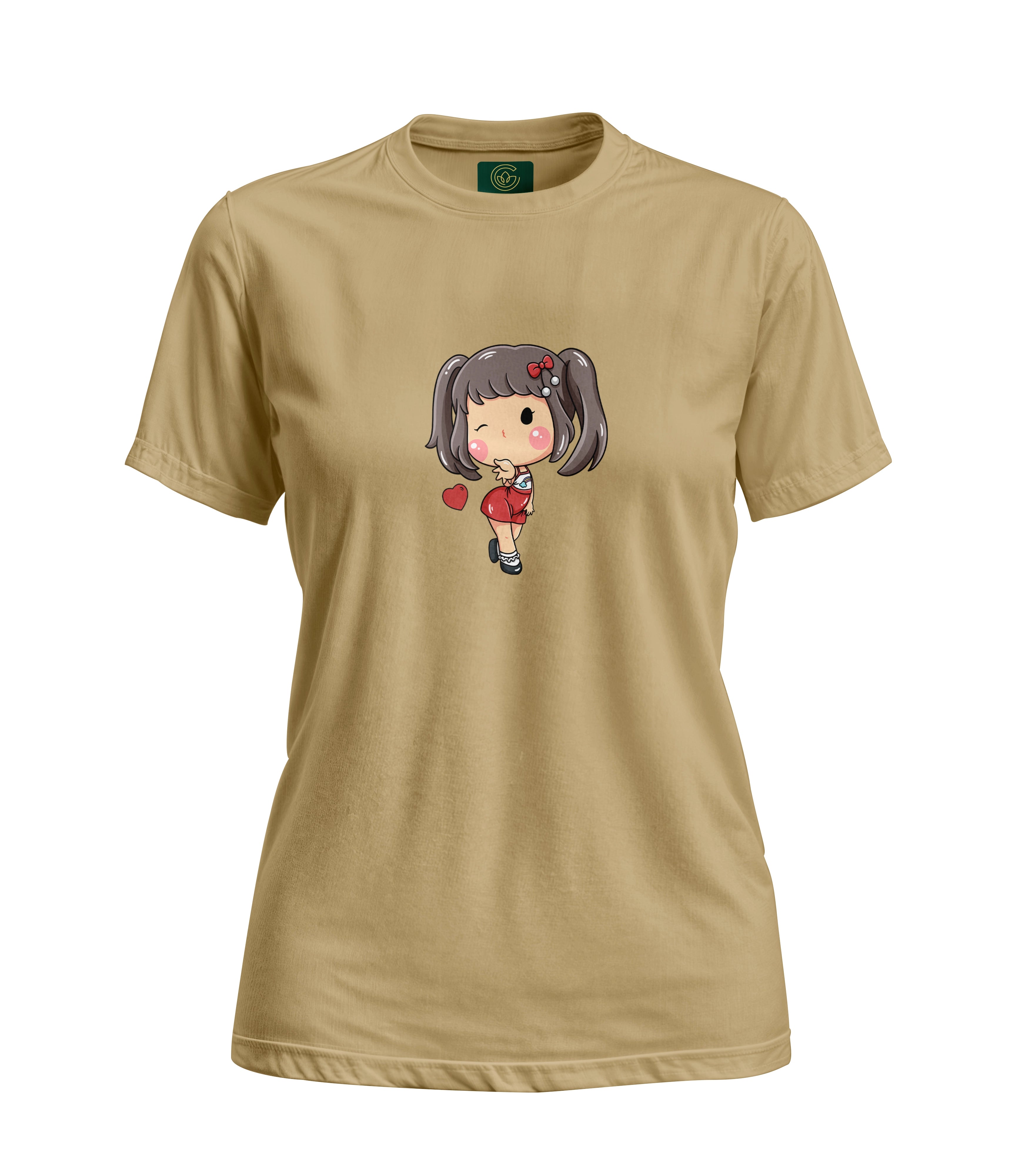 Beige t-shirt with a cartoon character on a white background