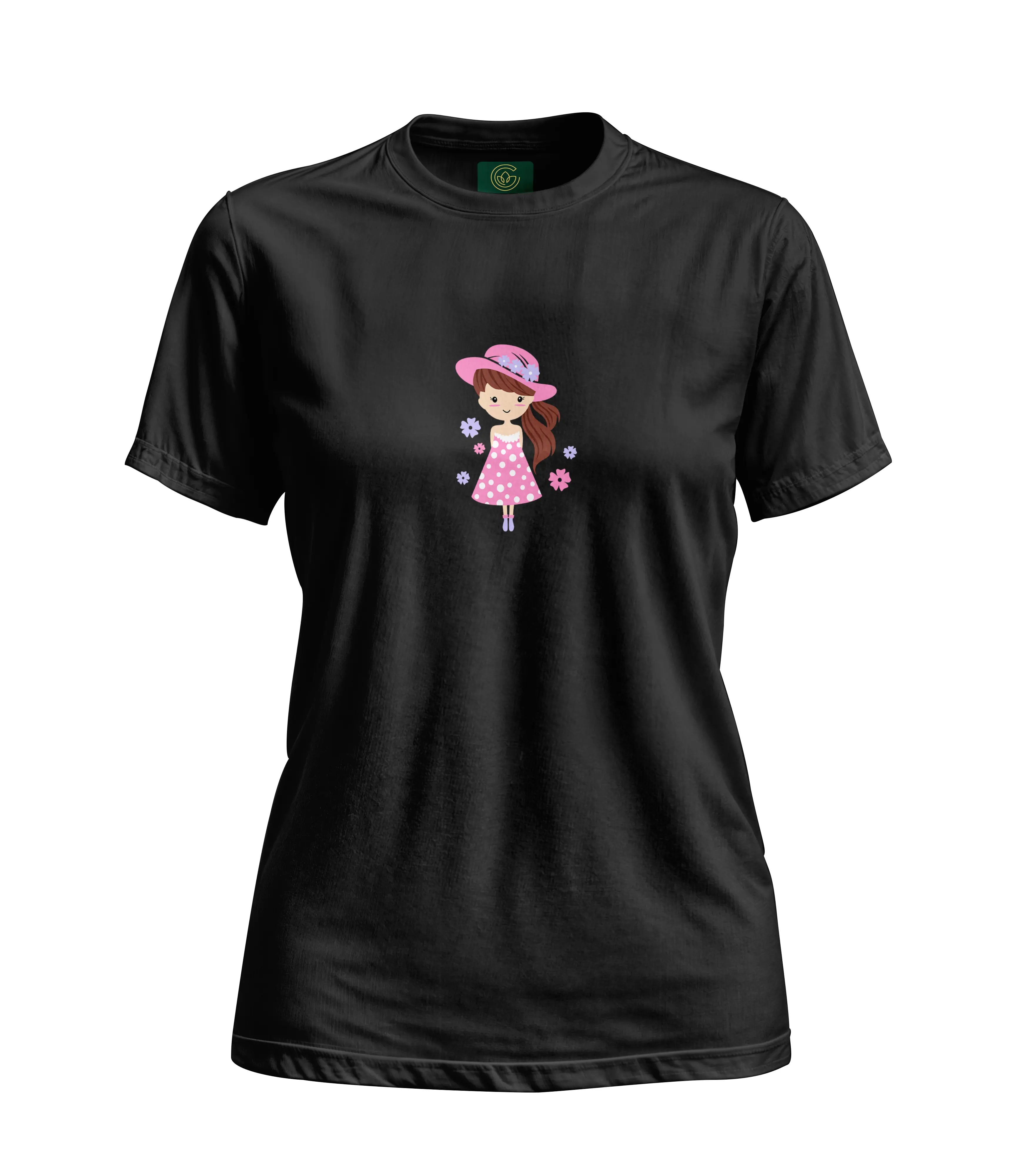 Black t-shirt with a cartoon character design on a white background