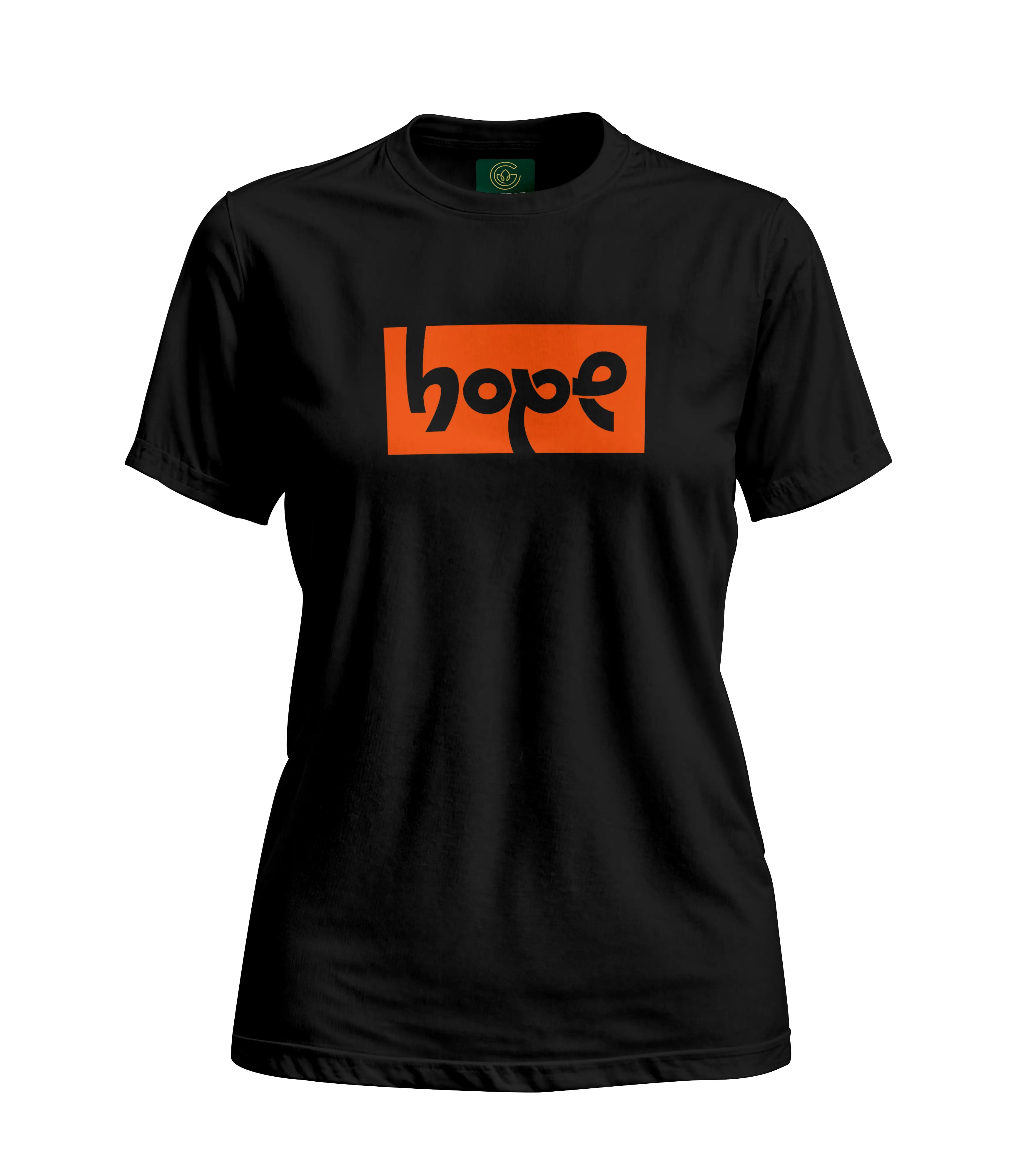 Black t-shirt with 'hope' in orange and green logo on a white background