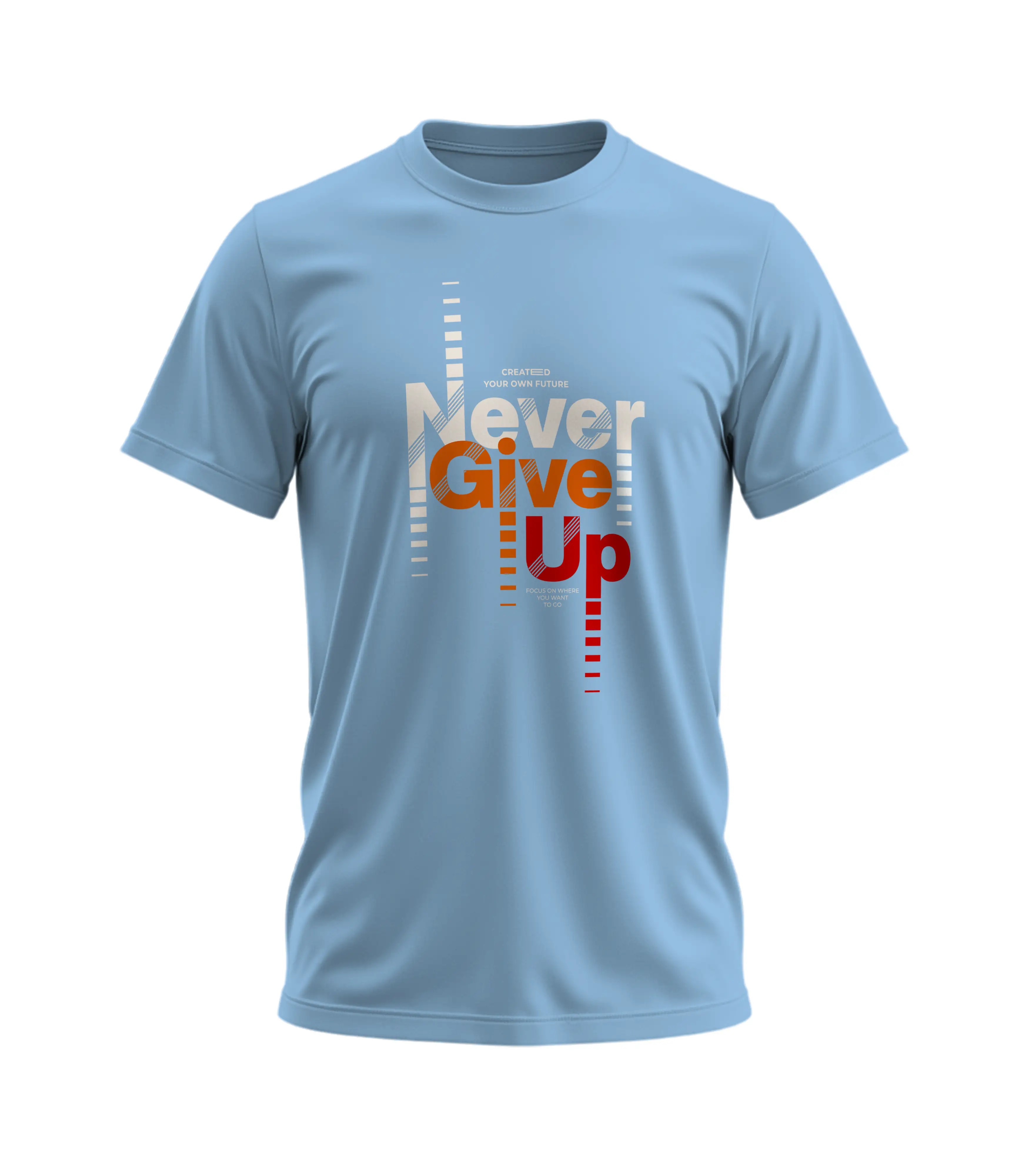 Light blue t-shirt with 'Never Give Up' text design on a white background