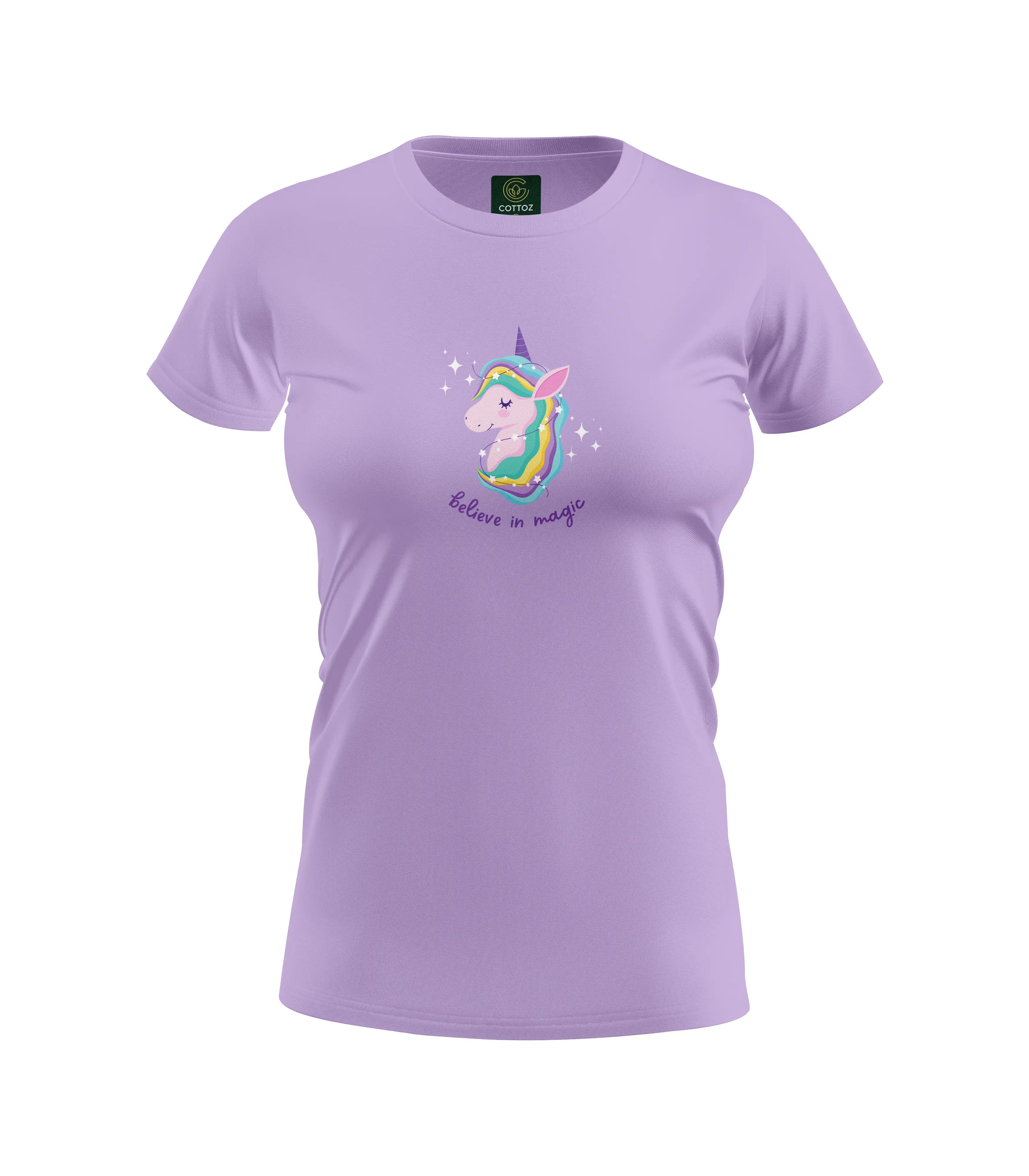 Purple t-shirt with a unicorn graphic and text on a white background