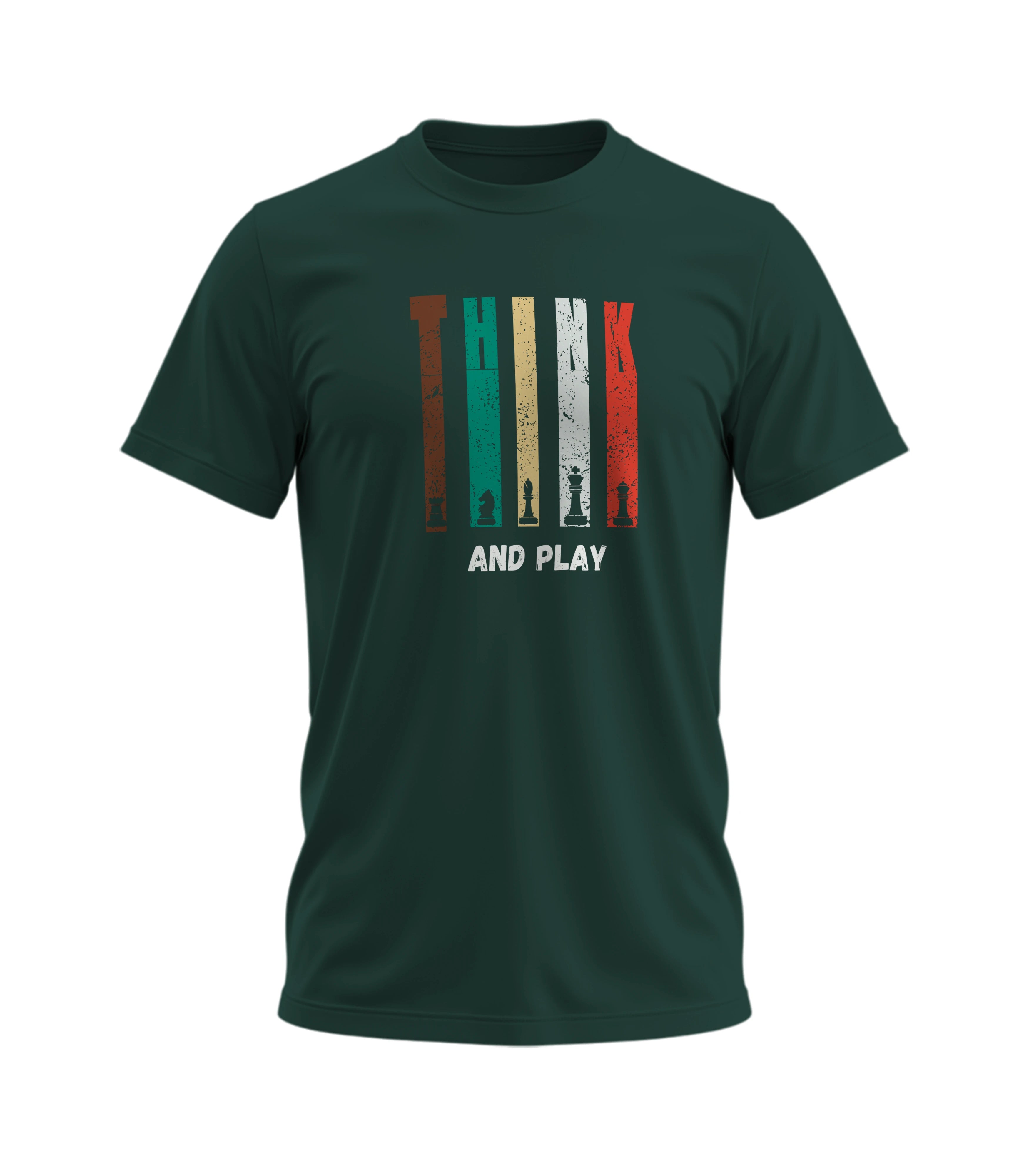 Dark green t-shirt with colorful graphic design and text on a white background