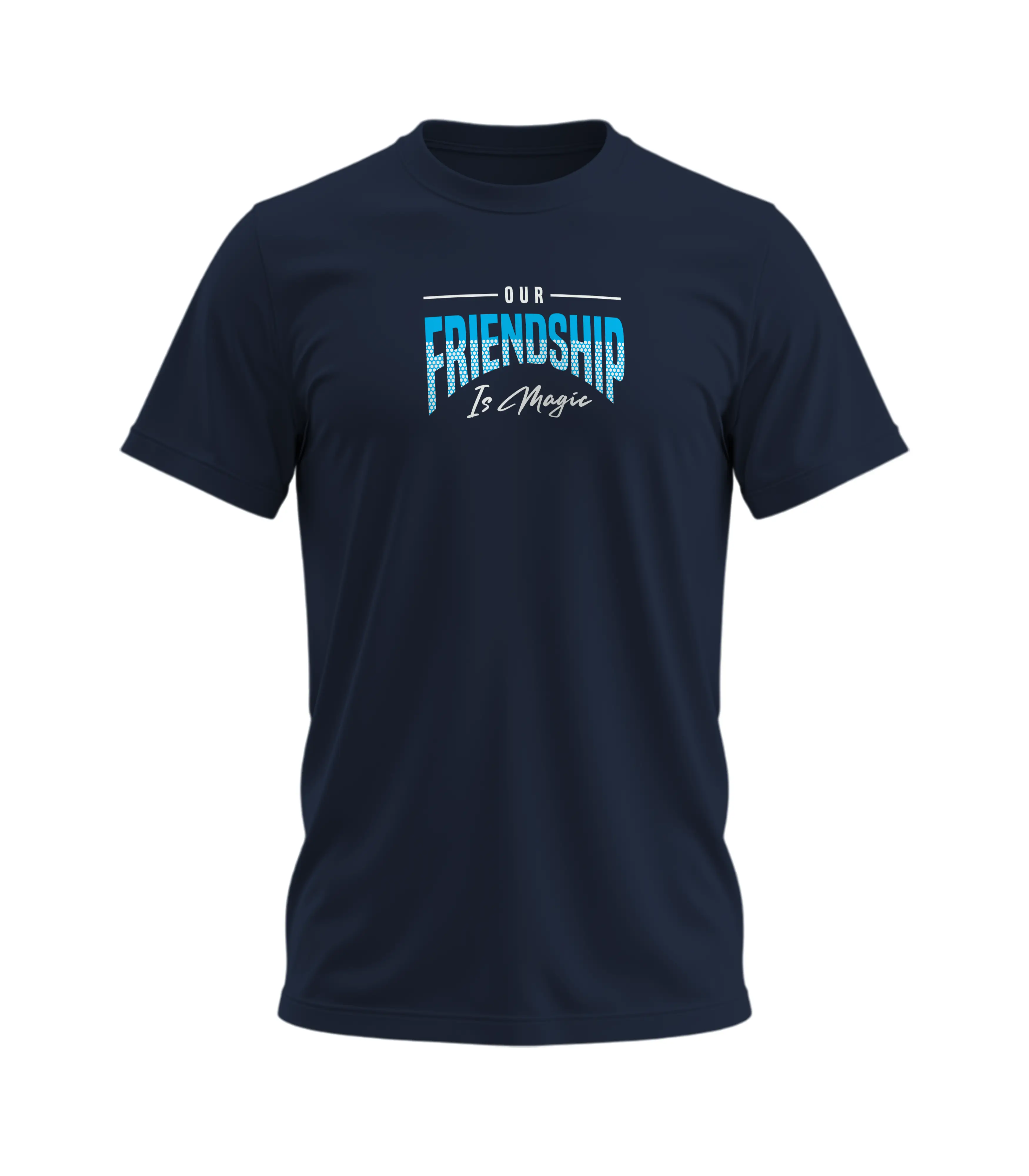 Navy blue t-shirt with 'Our Friendship Is Magic' text on a white background