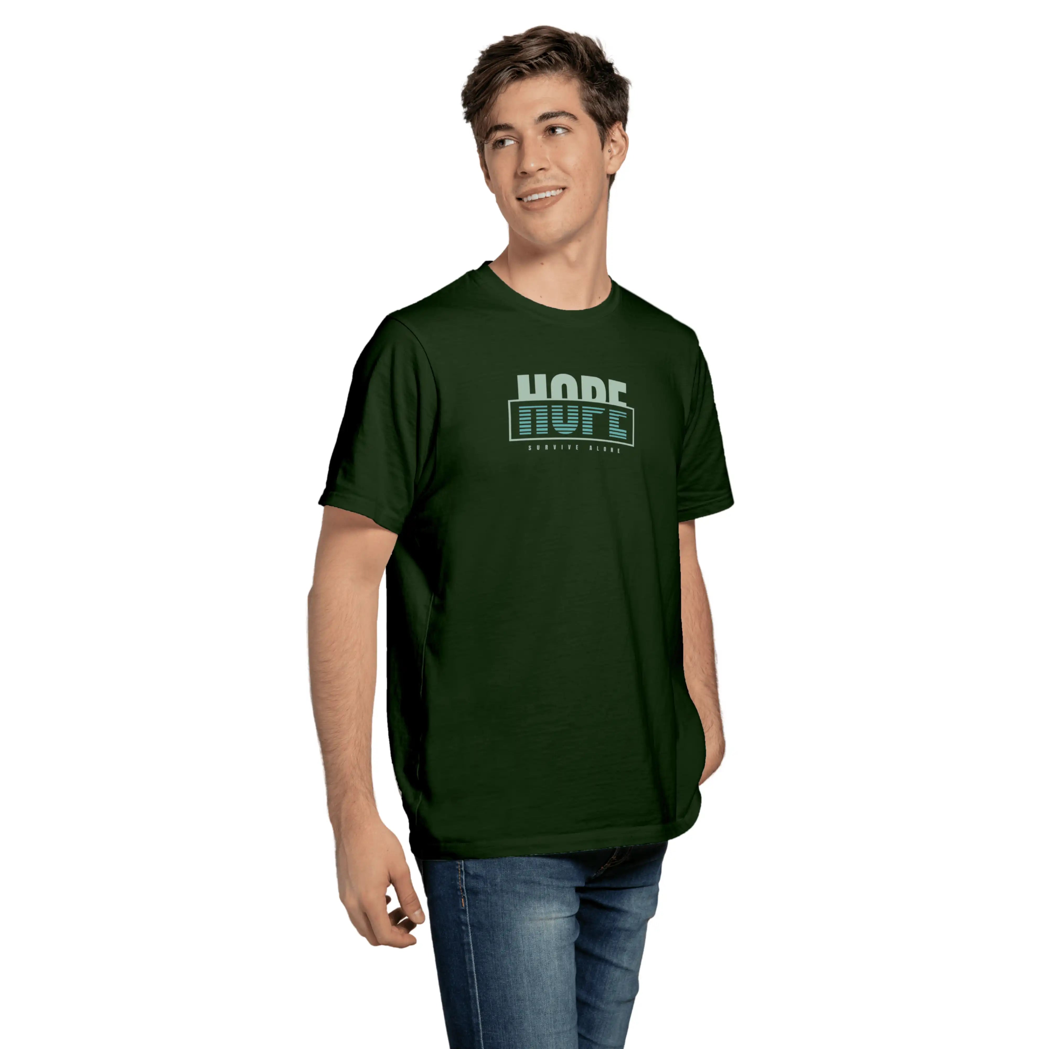 Man wearing a green t-shirt with 'HOPE' printed on it against a white background