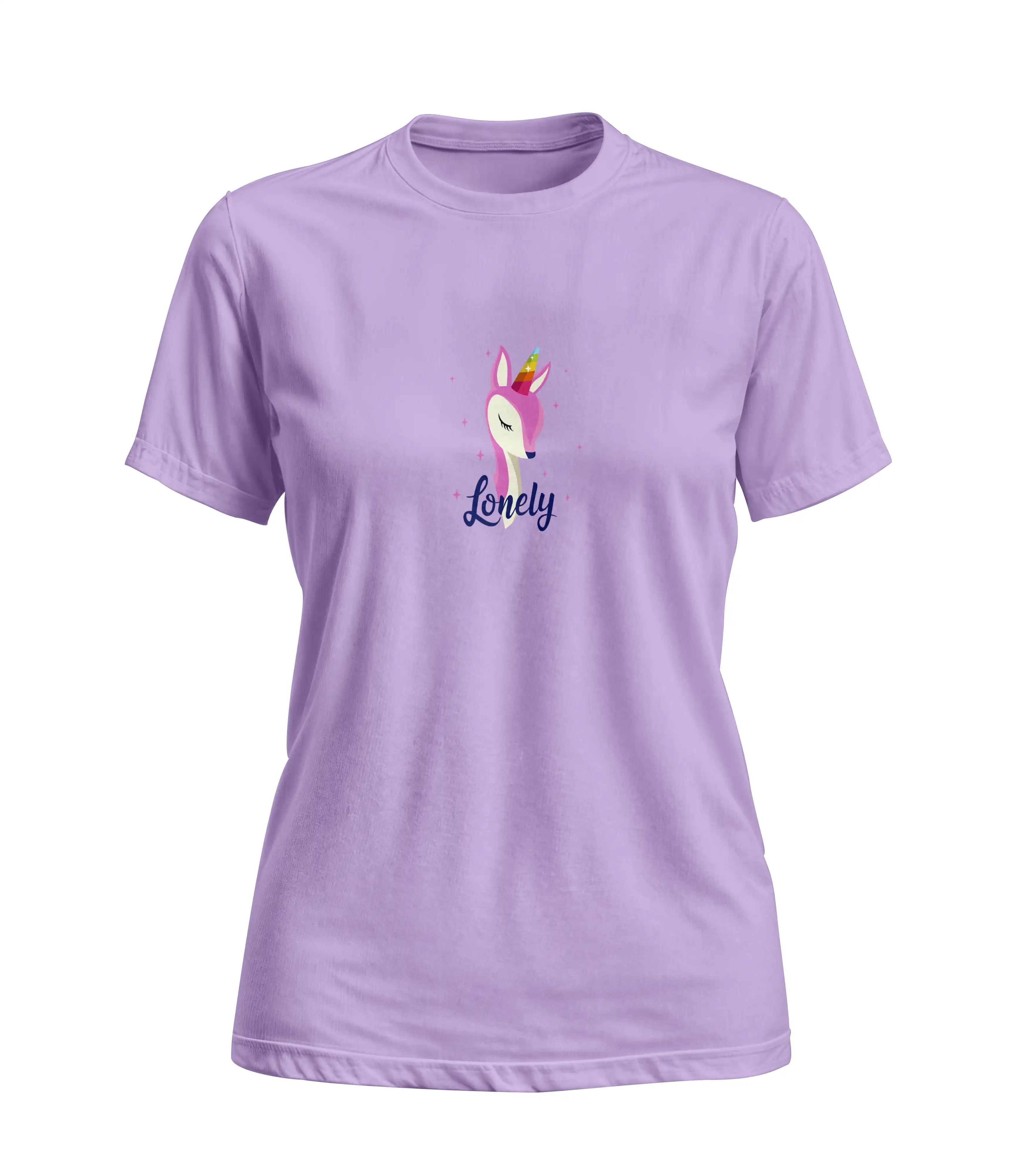 Purple t-shirt with a cartoon llama and 'Lonely' text on a white background