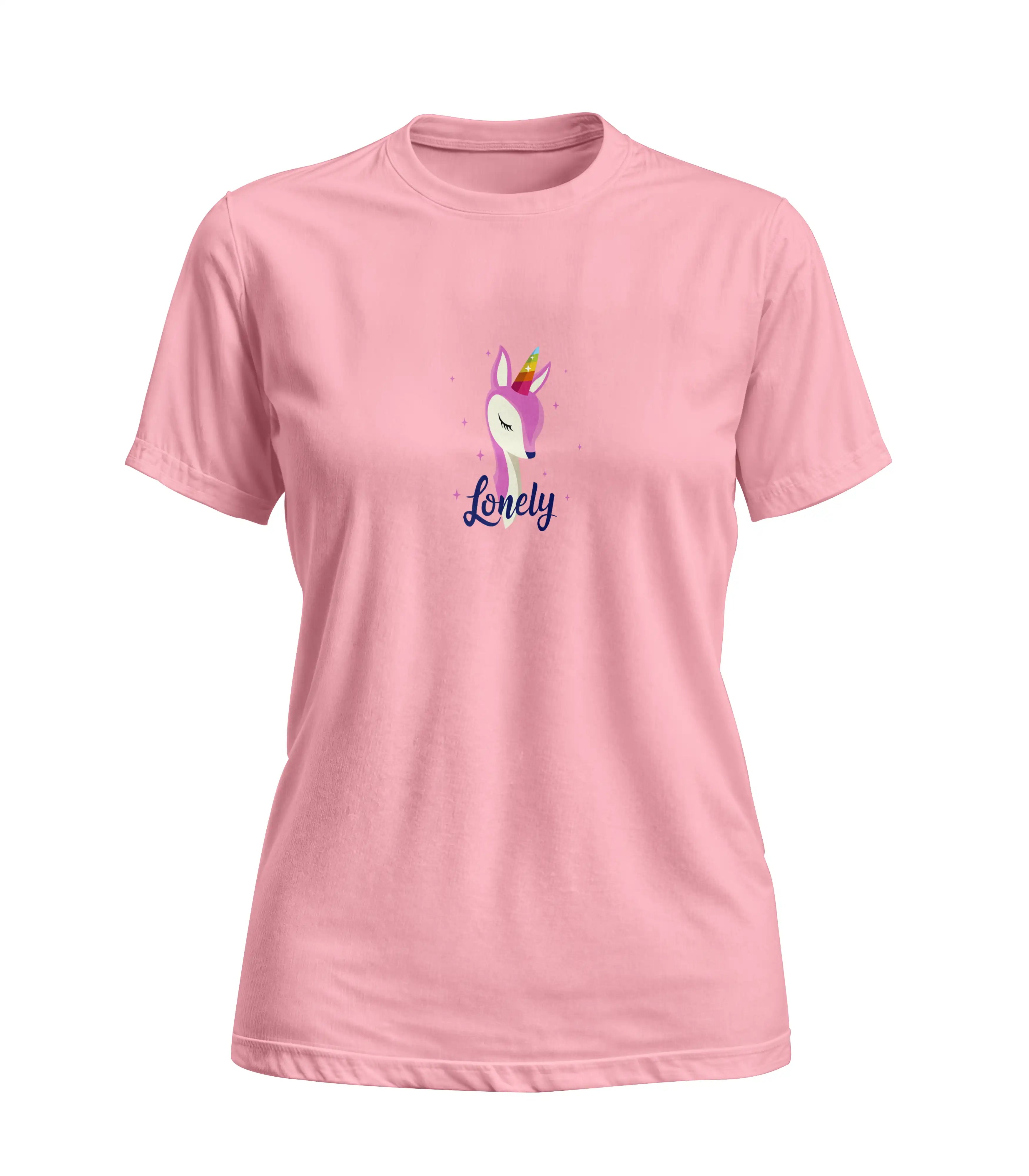 Pink t-shirt with a cartoon llama and 'lonely' text on a white background