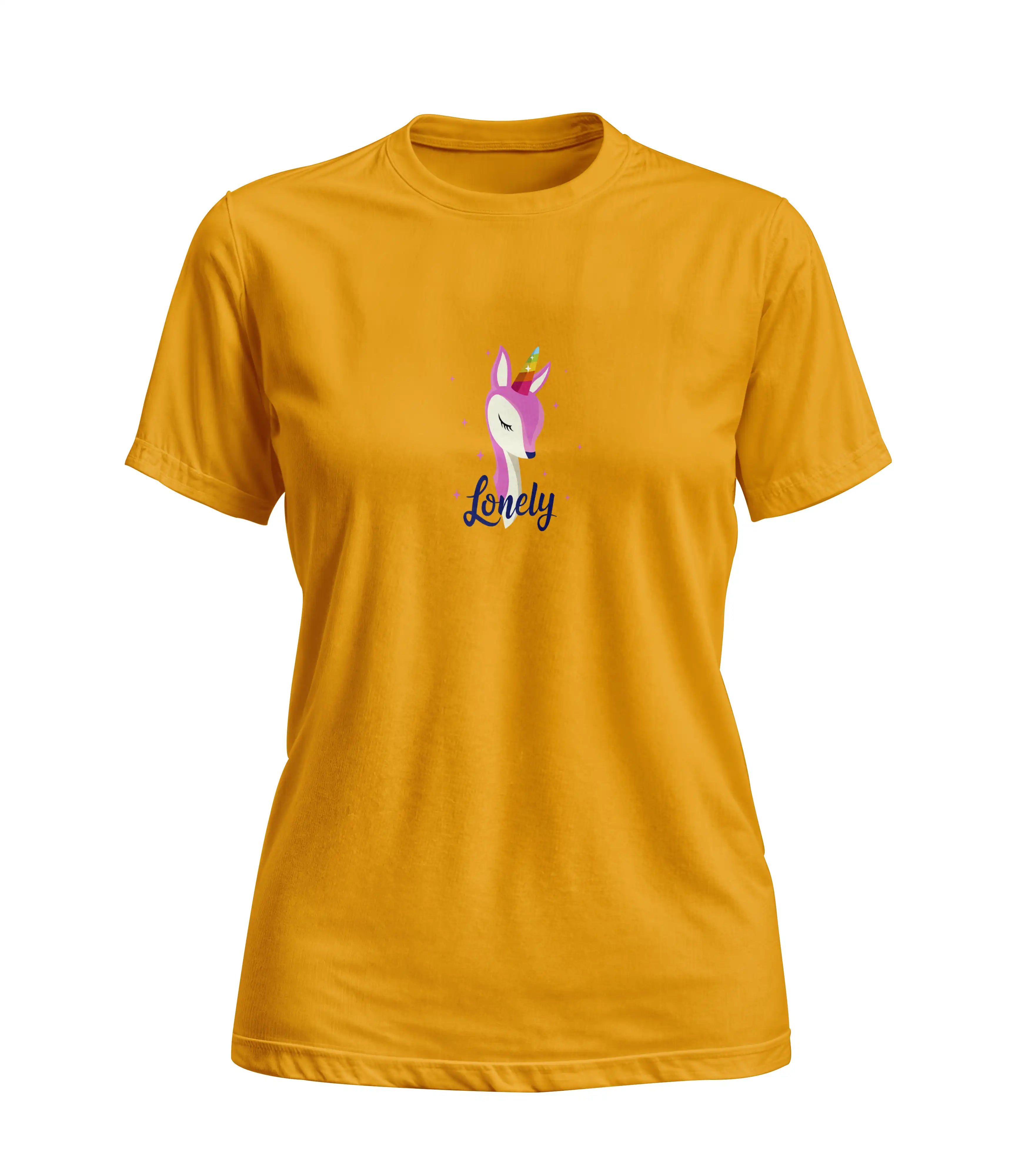 Yellow t-shirt with a cartoon llama and 'Lonely' text on a white background