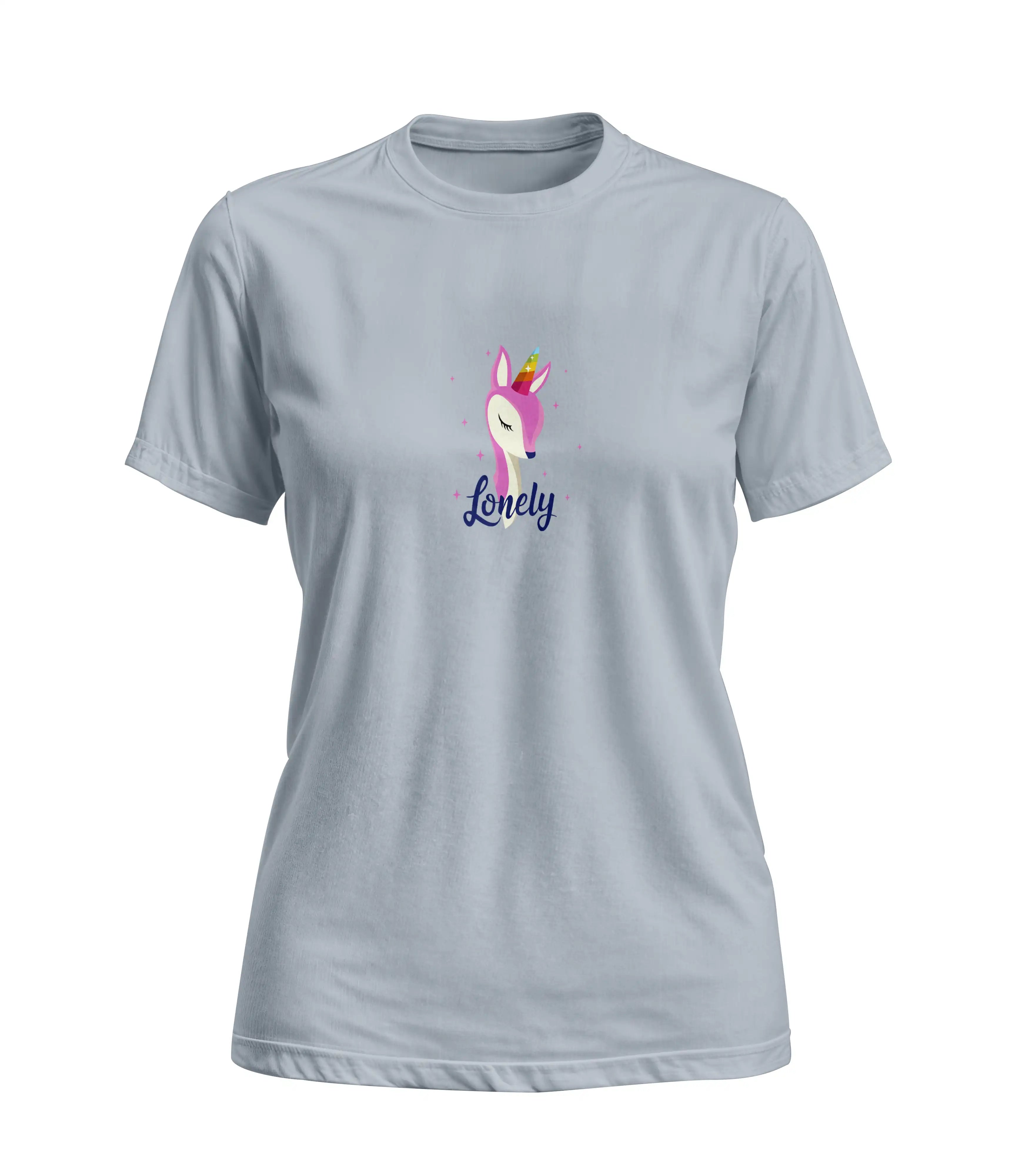 Gray t-shirt with a colorful llama graphic and 'Lonely' text on a white background