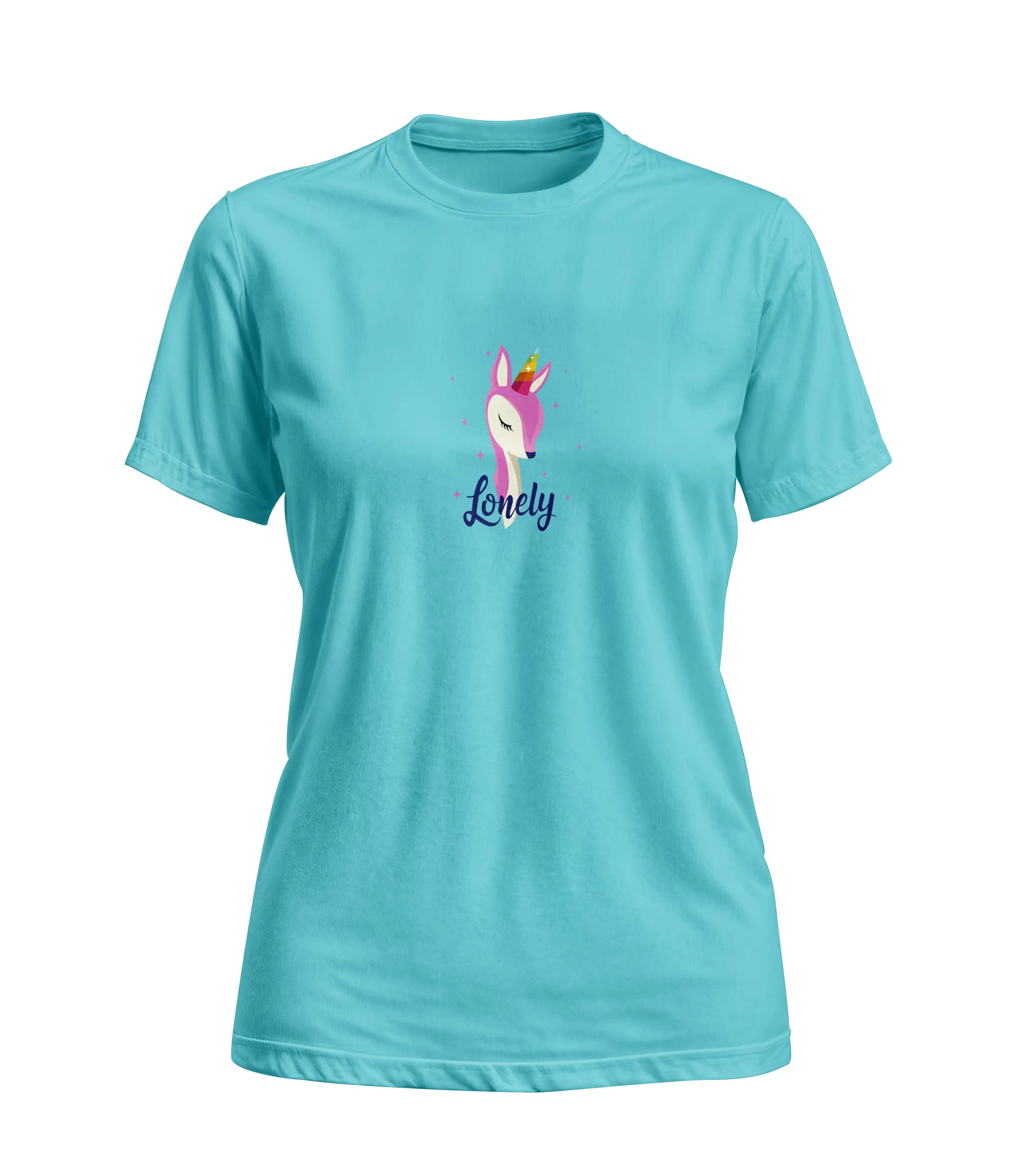 Turquoise t-shirt with a cartoon character and 'Lonely' text on a white background
