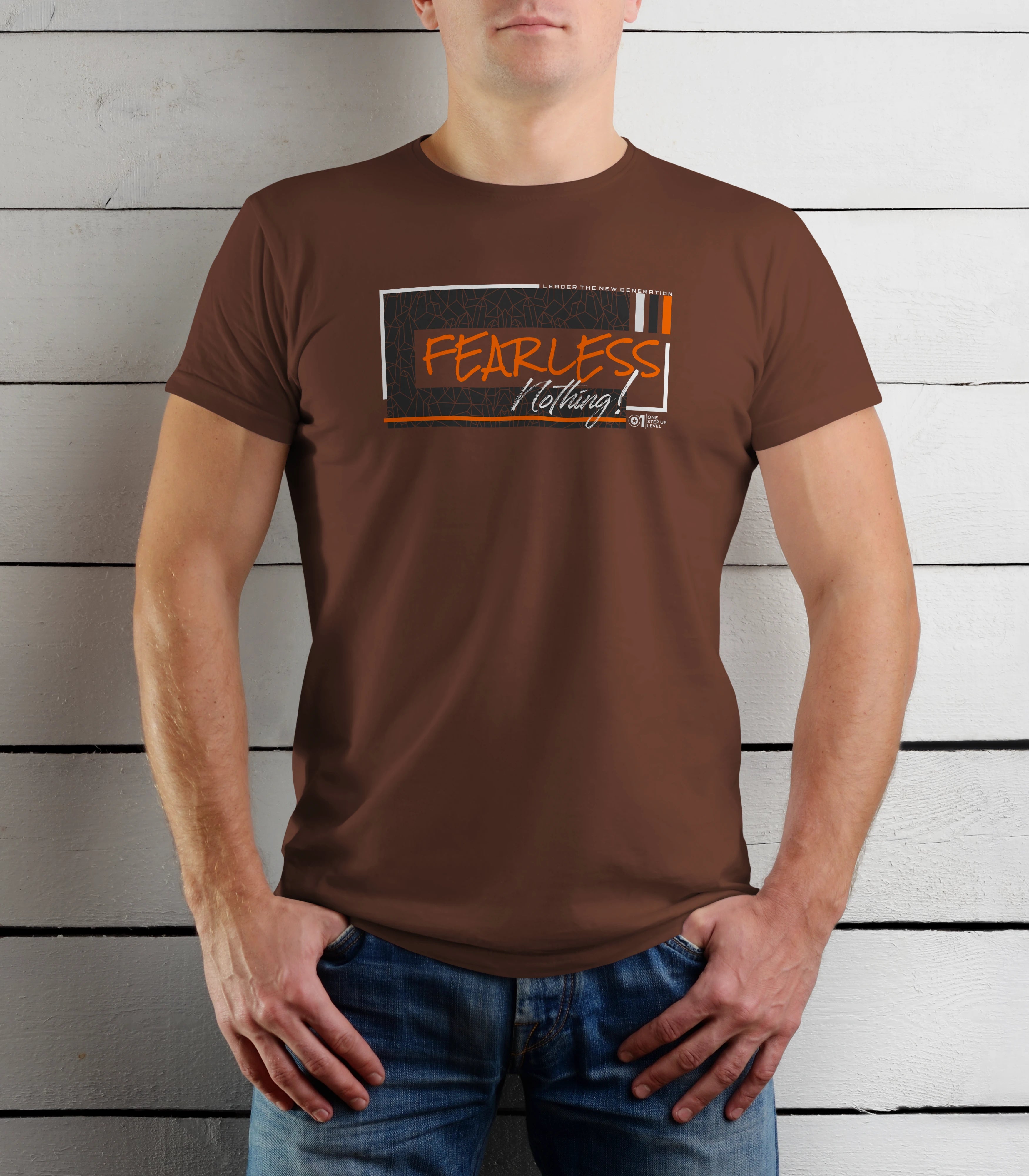Person wearing a brown t-shirt with 'FEARLESS Nothing!' text against a wooden background