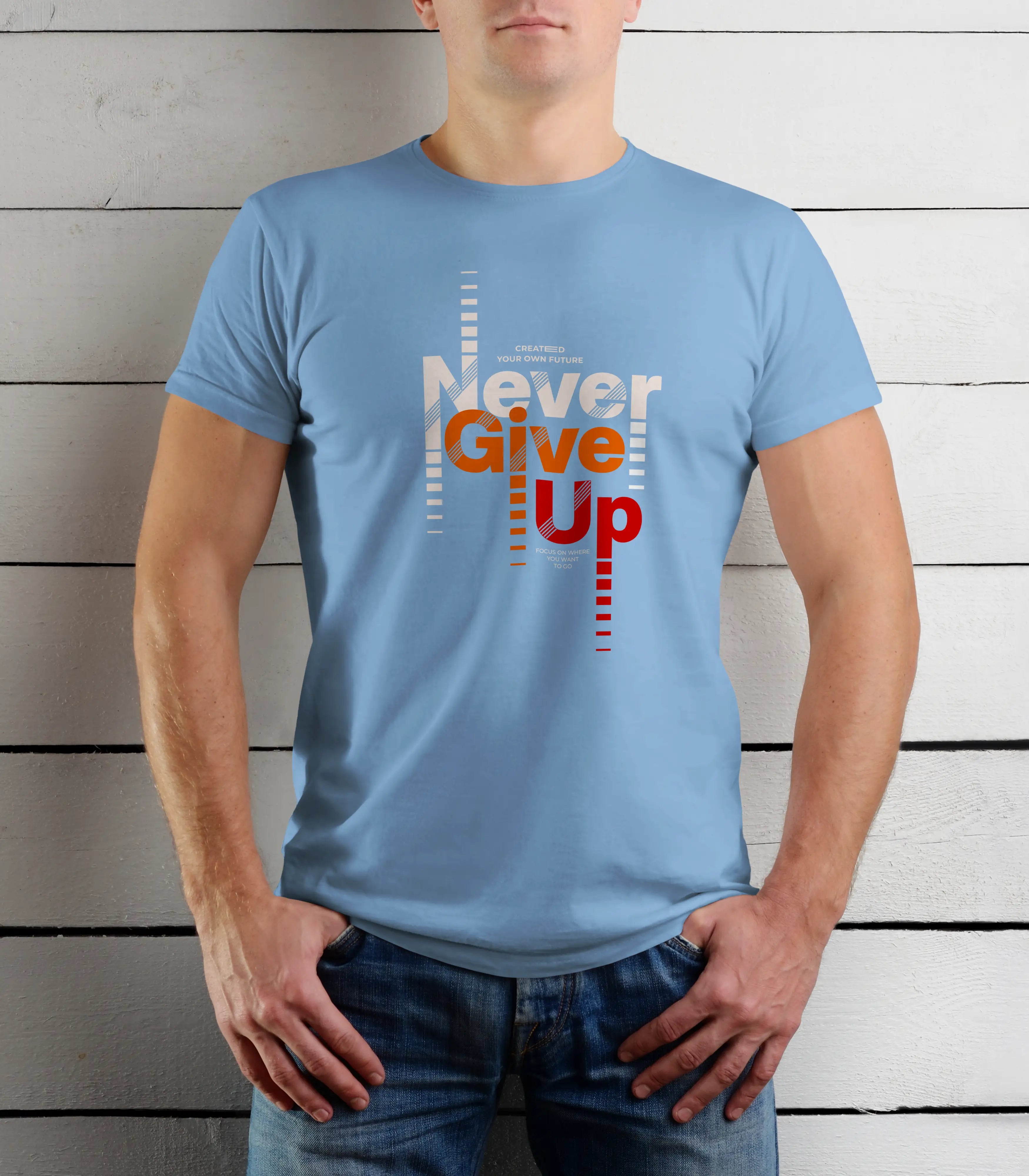 Person wearing a blue t-shirt with 'Never Give Up' text against a wooden background