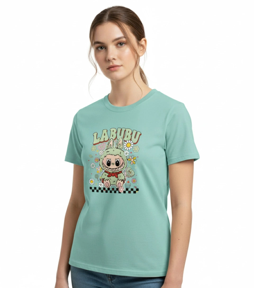 Woman wearing a light blue t-shirt with a cartoon character and 'Laburu' text on a white background