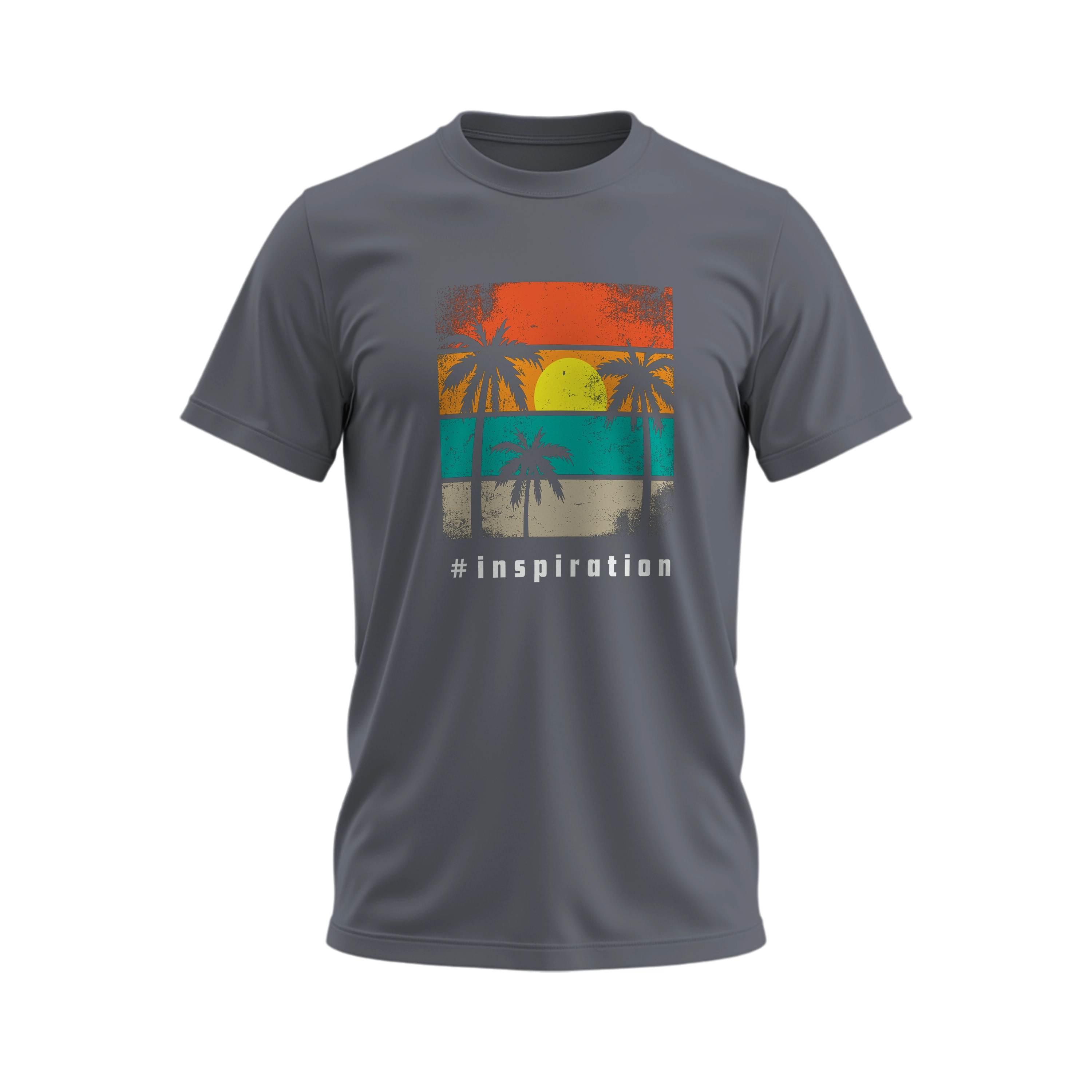 Gray t-shirt with a colorful graphic and 'inspiration' text on a white background