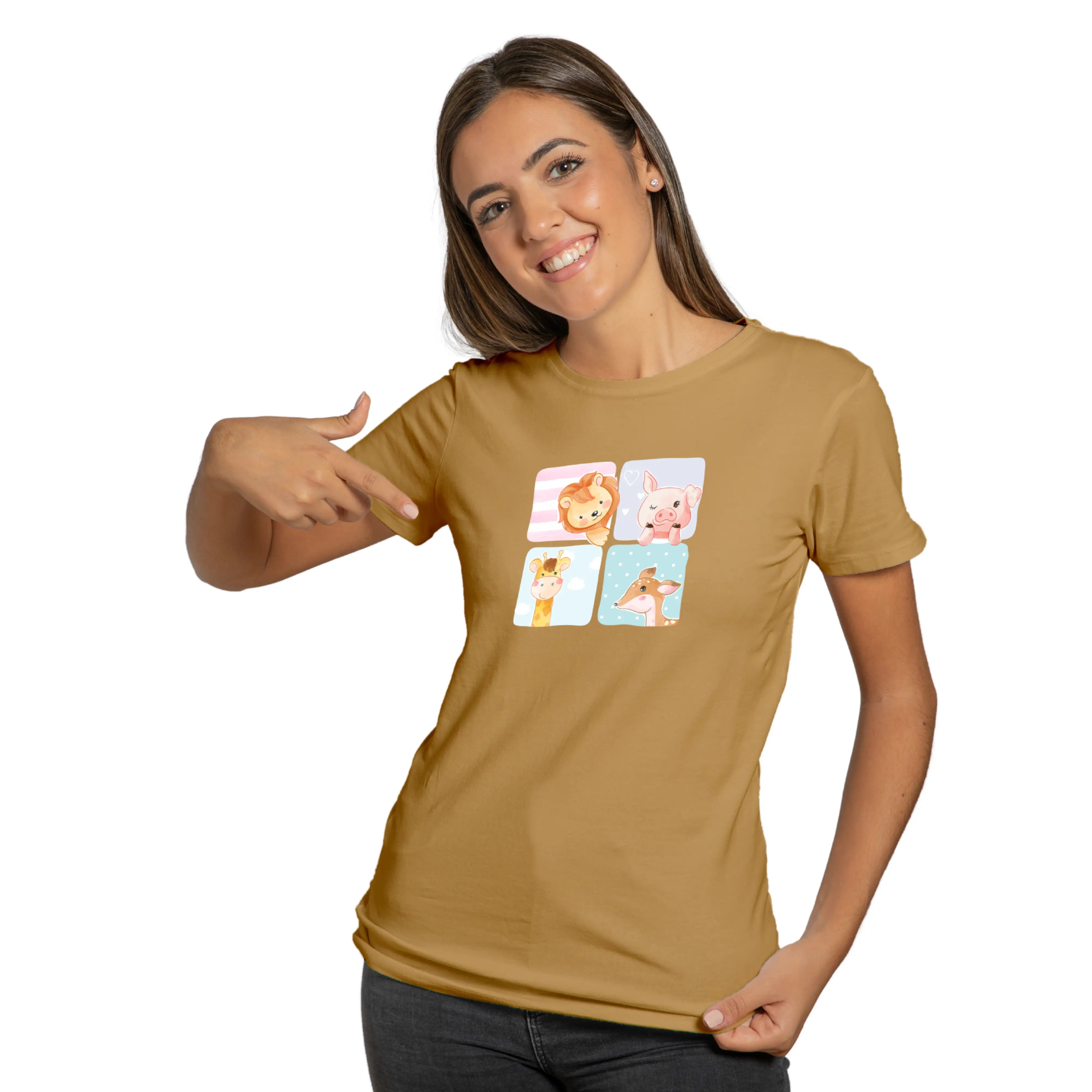Woman wearing a tan t-shirt with animal graphics and pointing to it.