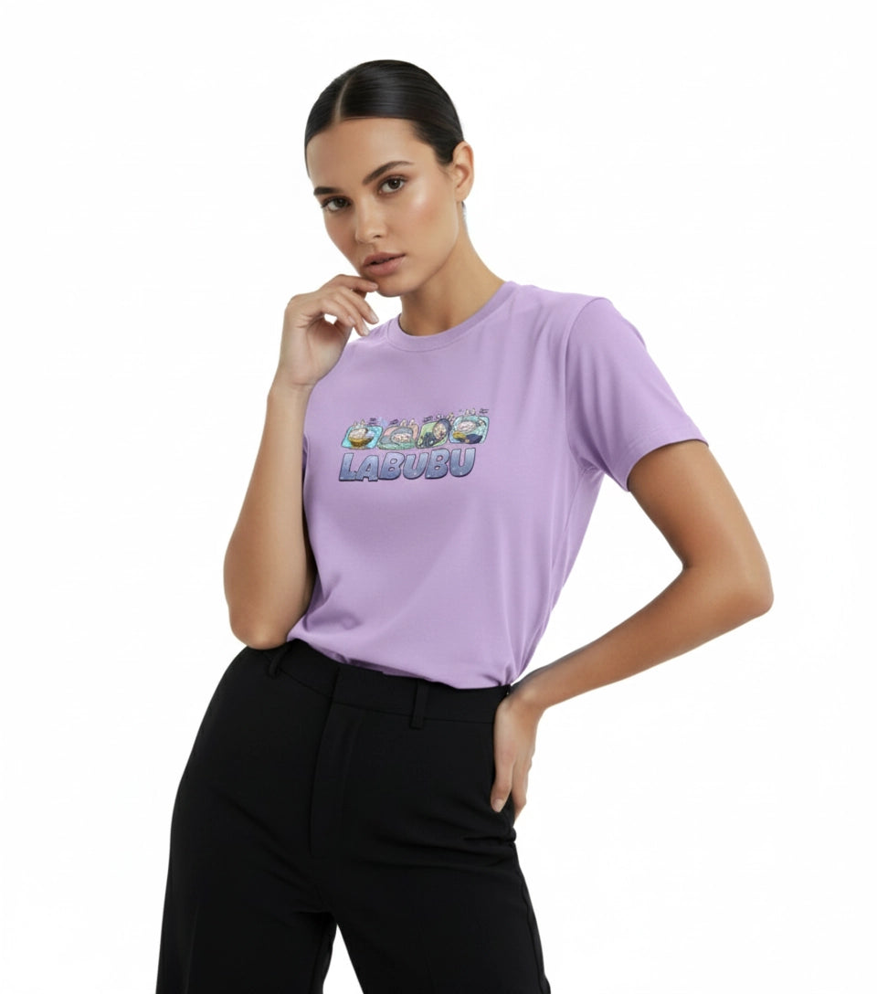 Woman wearing a purple t-shirt with colorful text design on a white background