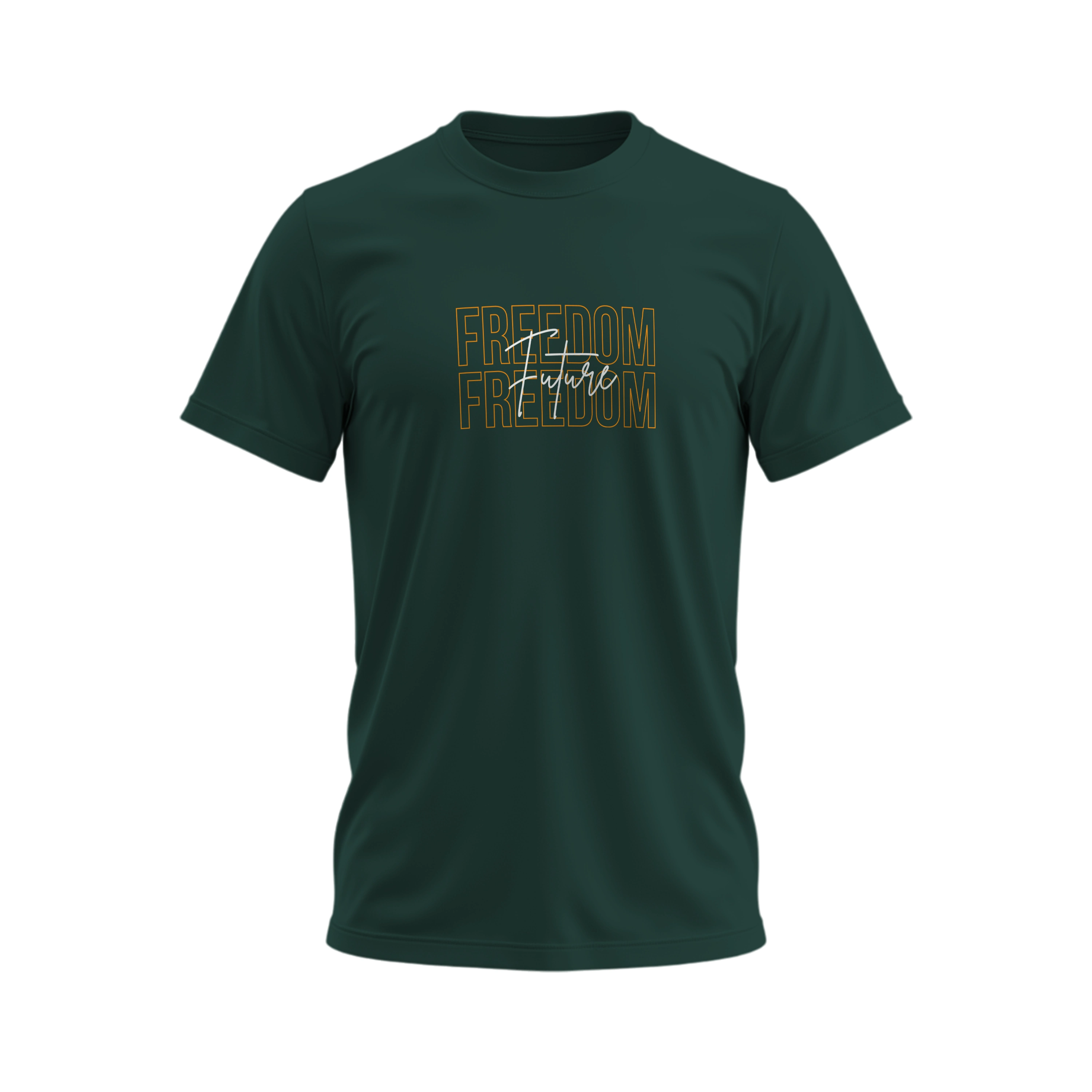 Green t-shirt with 'Freedom' text on a white background