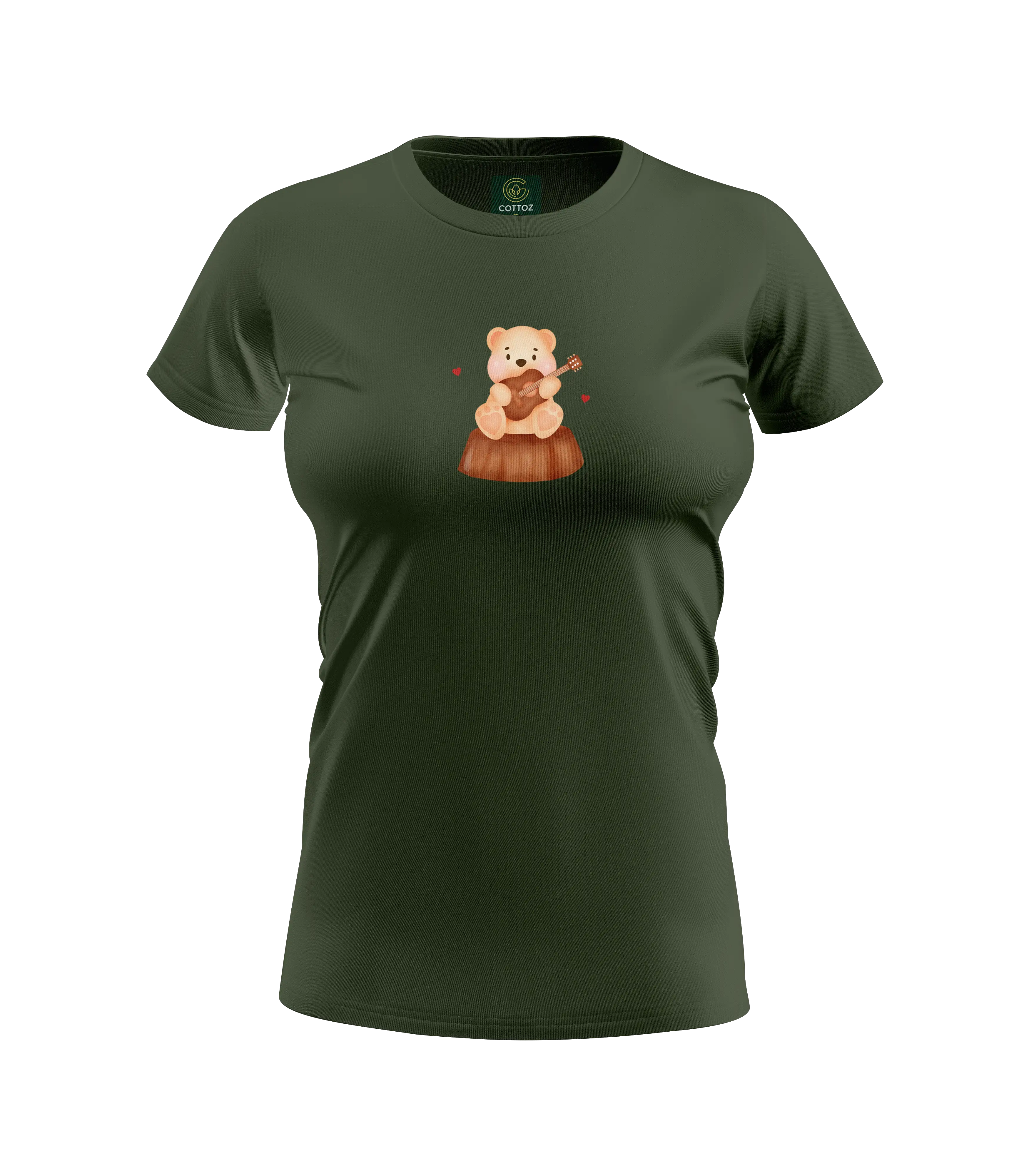 Green t-shirt with a bear playing guitar graphic on a white background