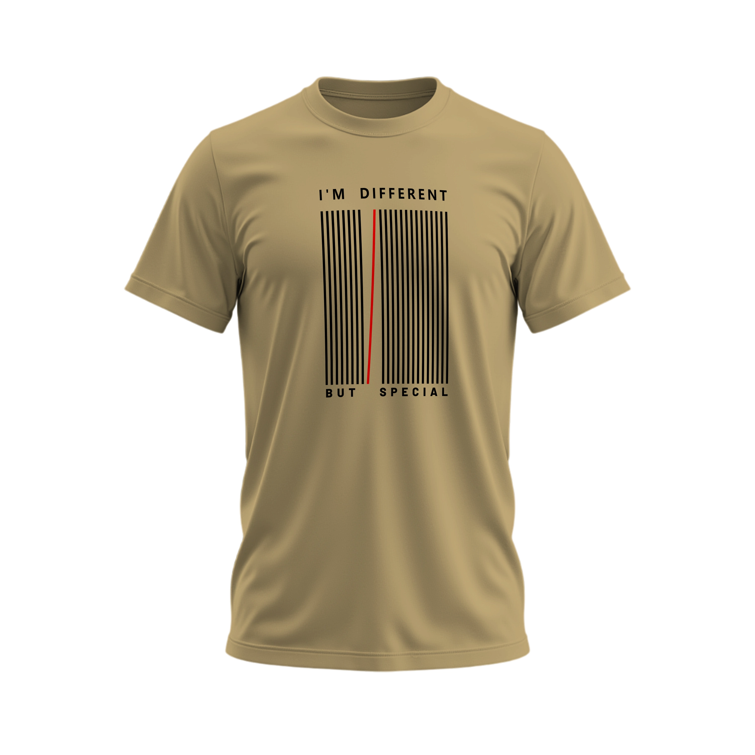 Beige t-shirt with a barcode design and text on a white background
