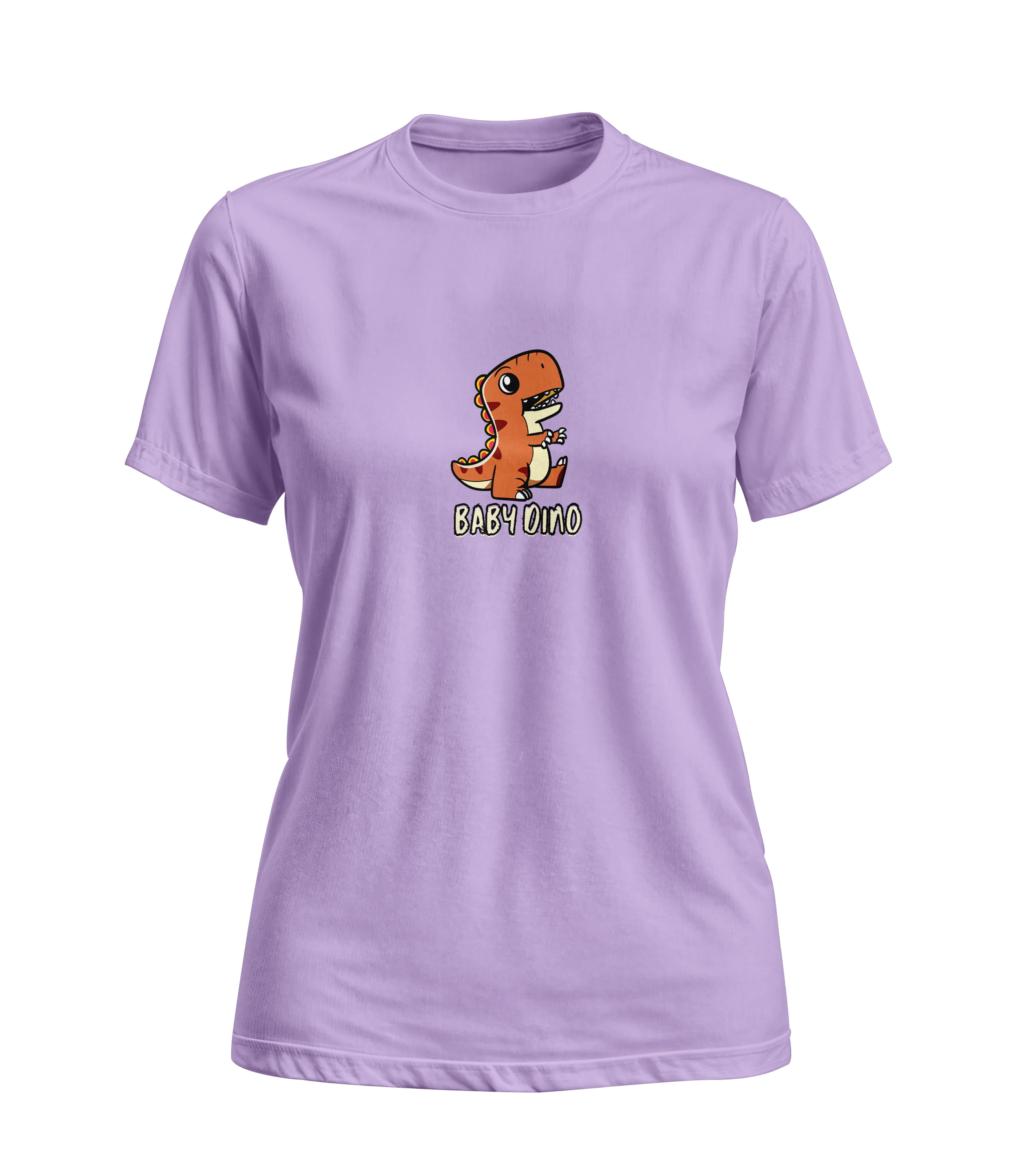 Purple t-shirt with a cartoon dinosaur graphic and text on a white background