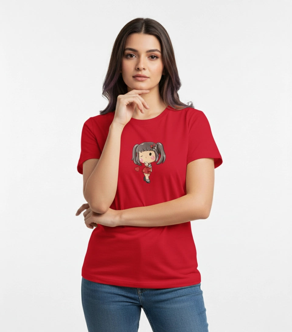 Woman wearing a red t-shirt with a graphic design on a white background