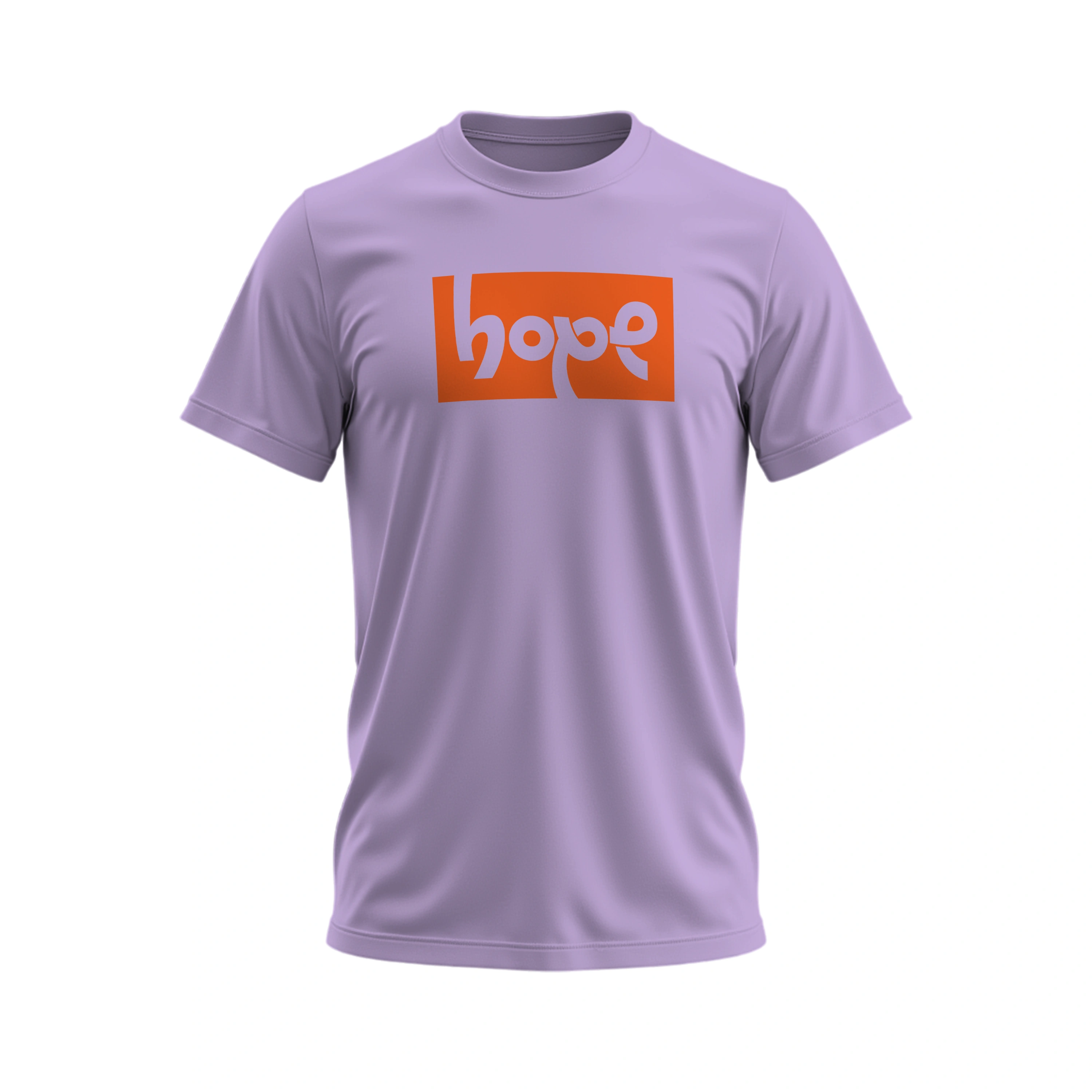 Purple t-shirt with an orange 'hope' logo on a white background