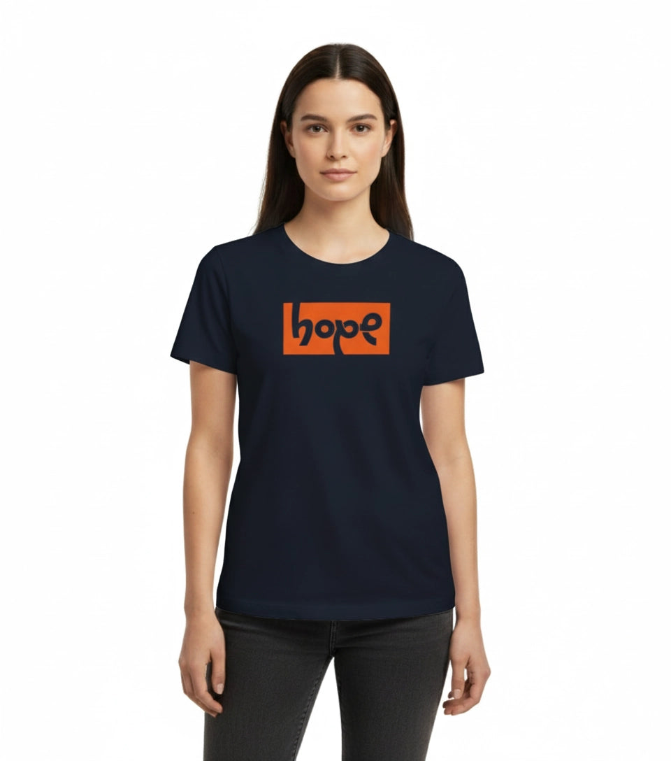 Woman wearing a black t-shirt with an orange 'hope' logo on a white background