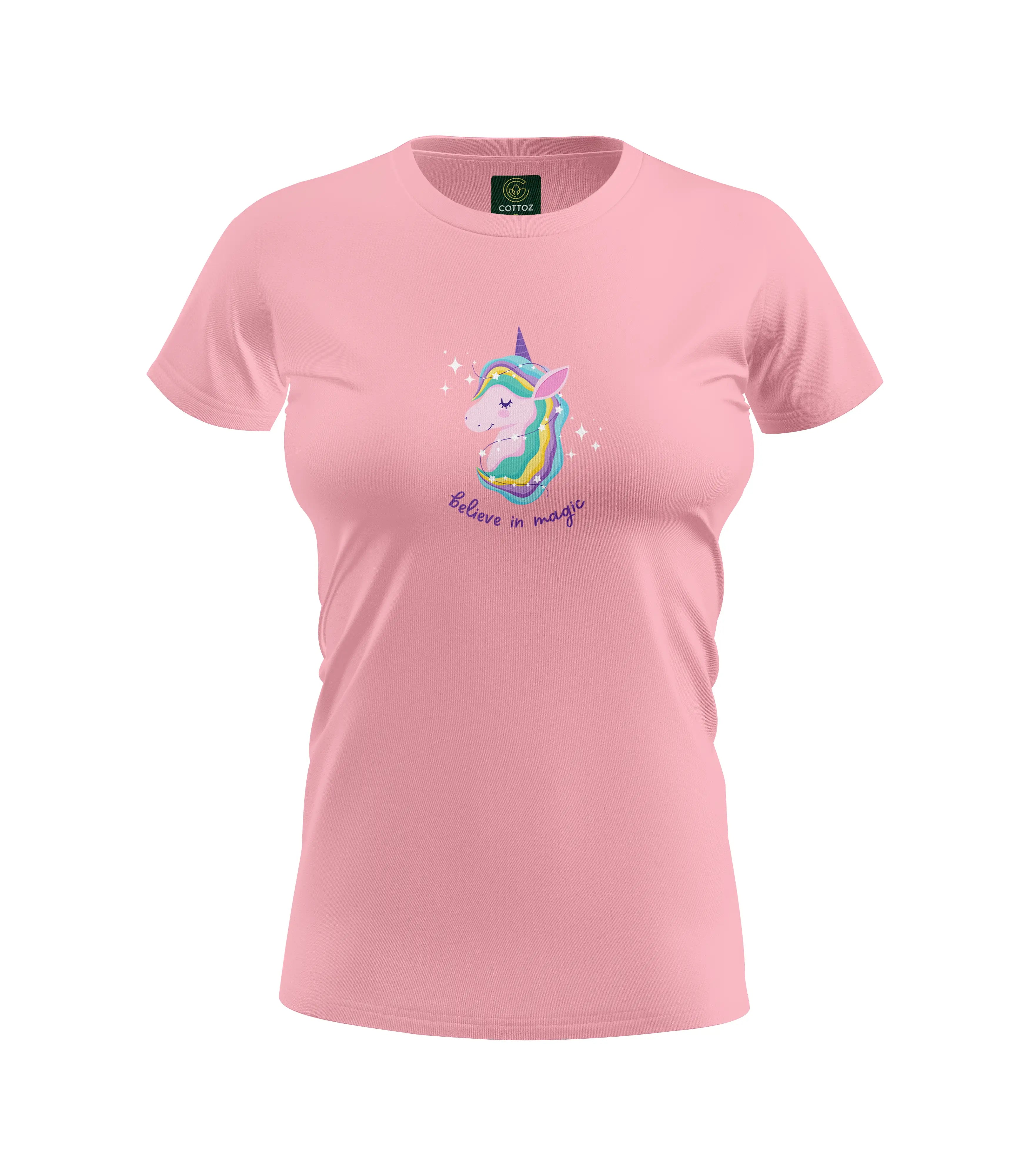 Pink t-shirt with a unicorn graphic and 'believe in magic' text on a white background