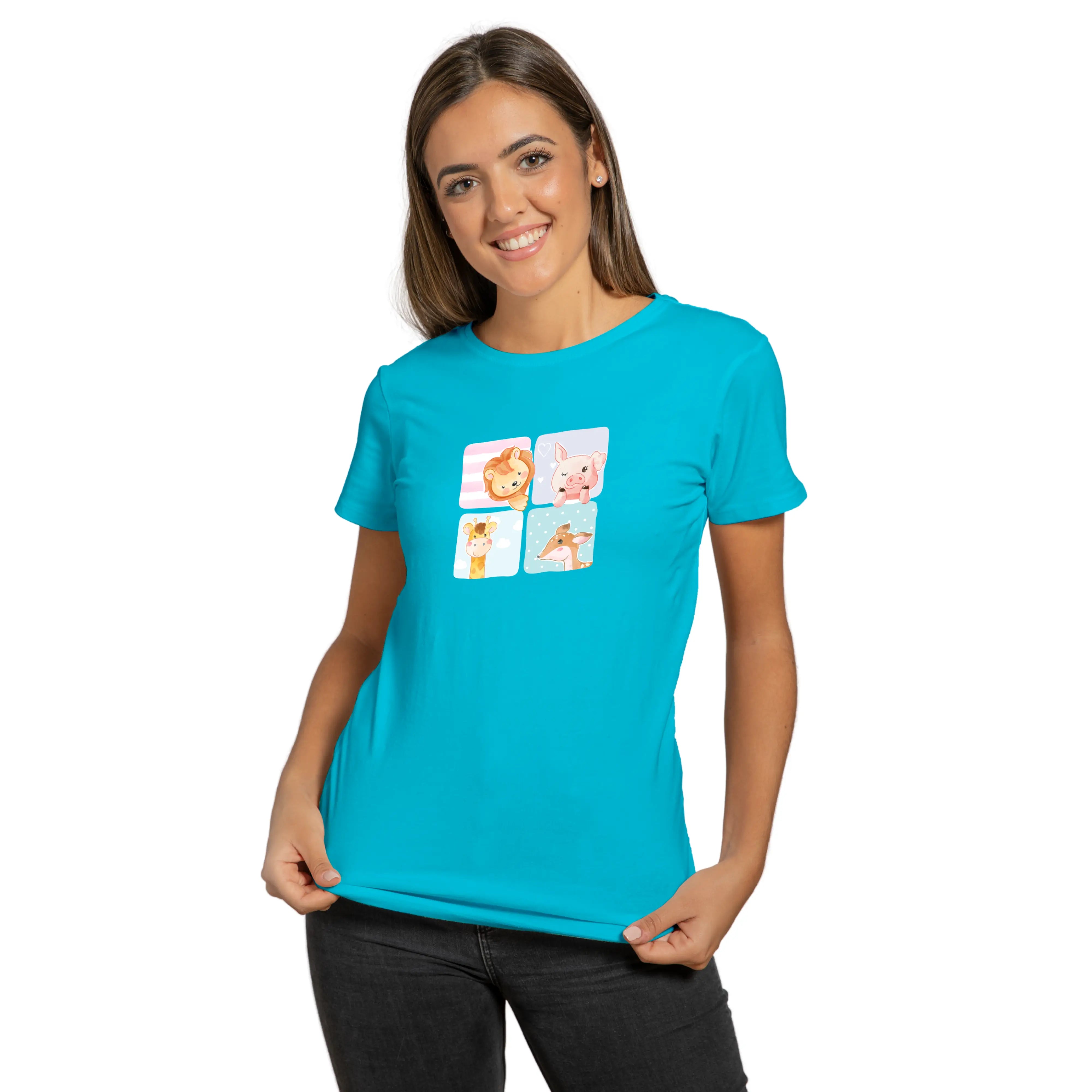 Woman wearing a turquoise t-shirt with a graphic design on a white background