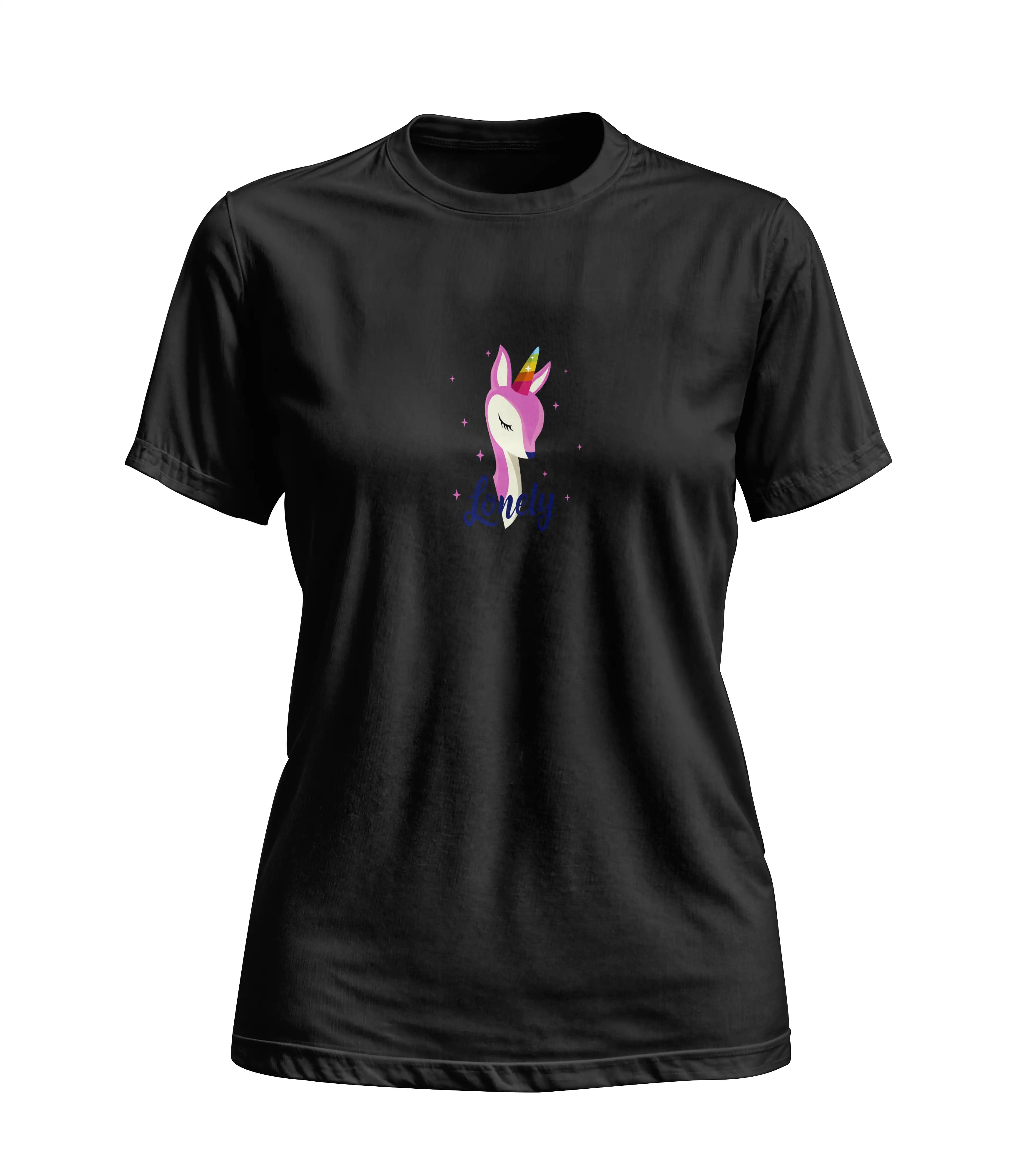 Black t-shirt with a colorful unicorn graphic on a white background