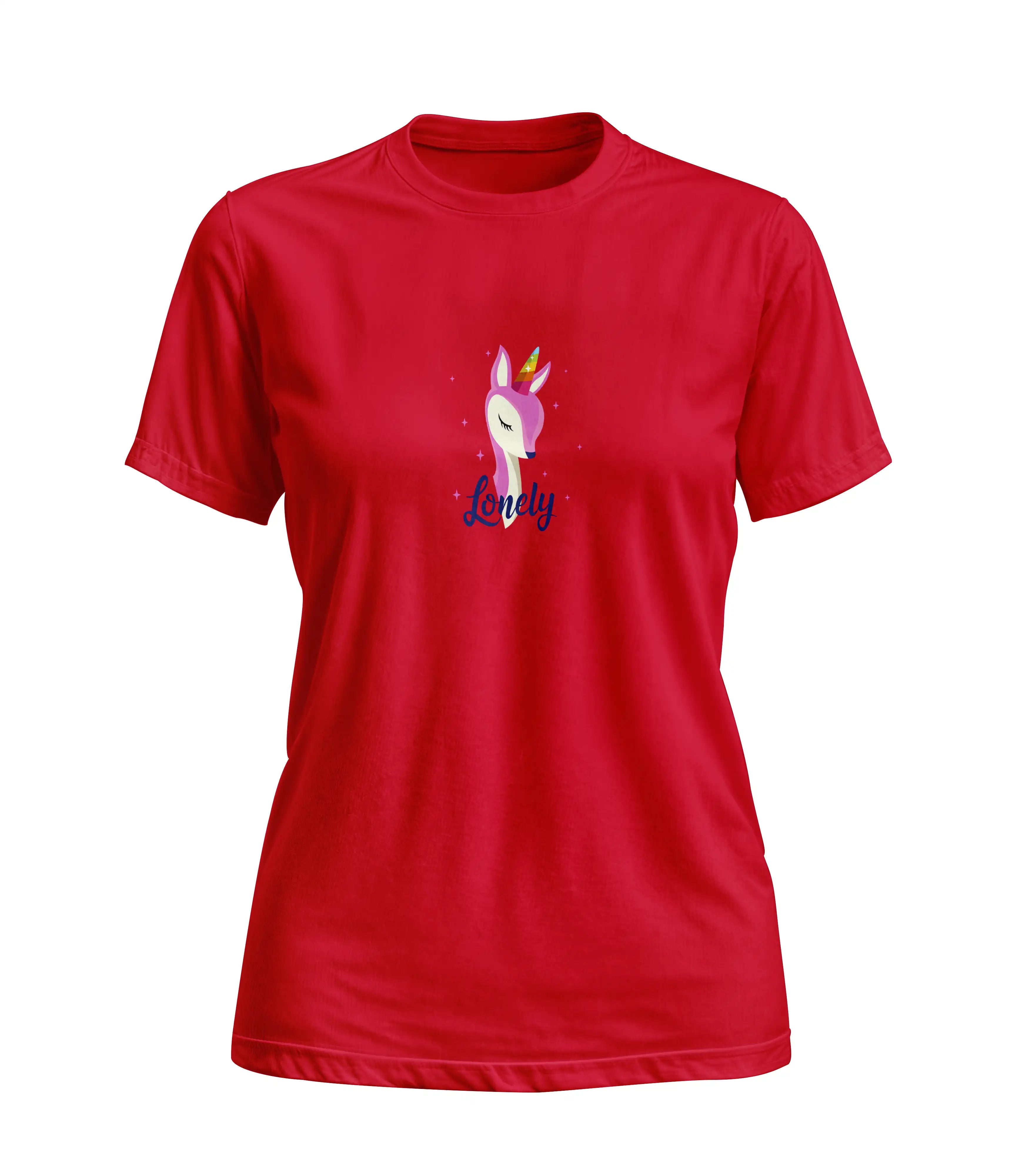 Red t-shirt with a cartoon character and text on a white background