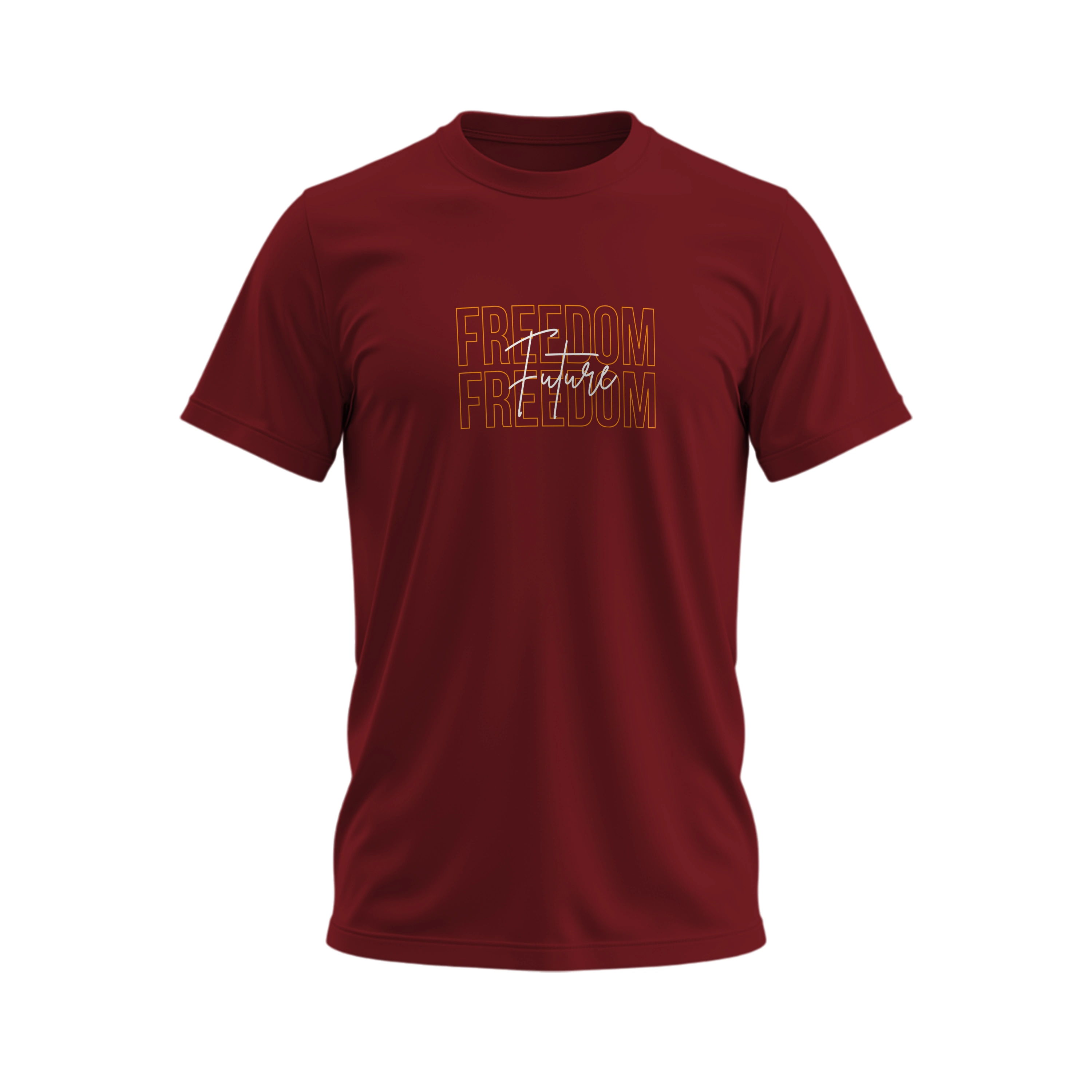 Maroon t-shirt with 'Freedom' text design on a white background