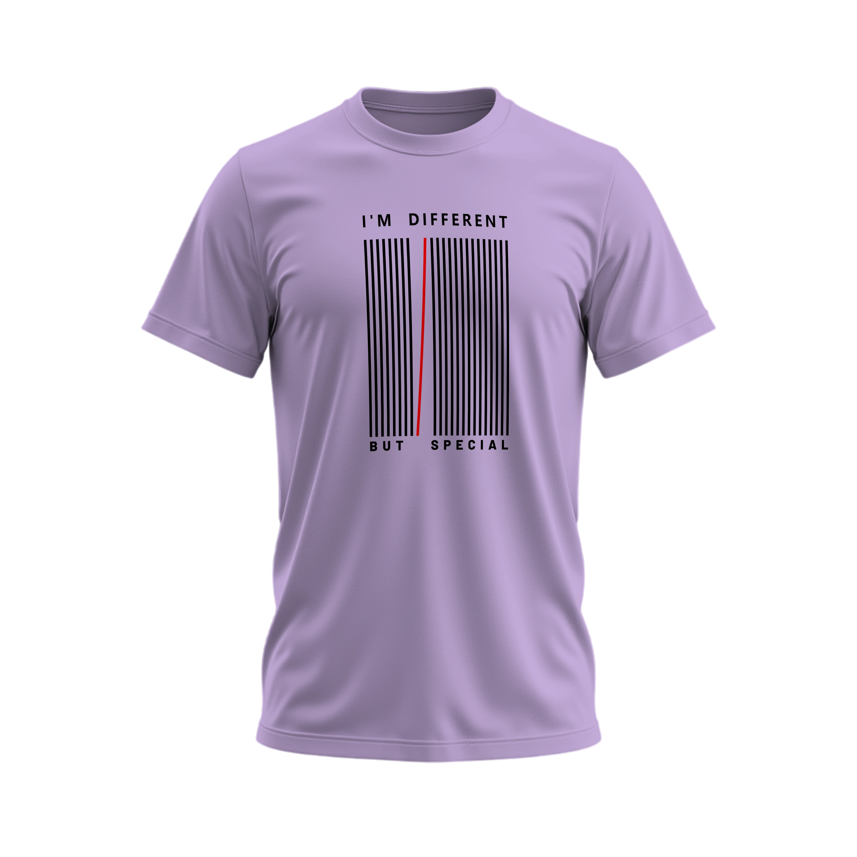 Purple t-shirt with a barcode design and text on a white background