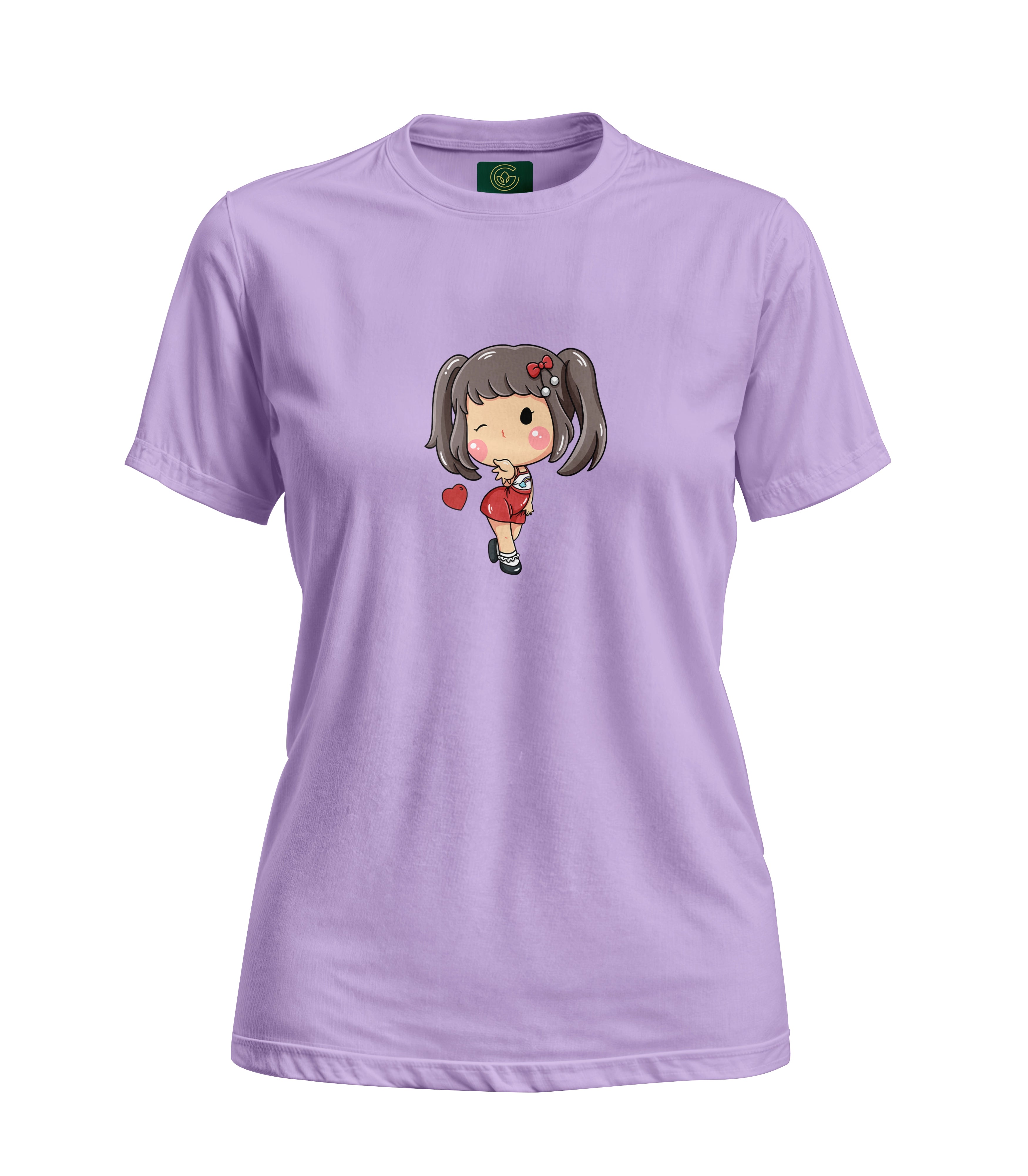 Purple t-shirt with a cartoon character on a white background