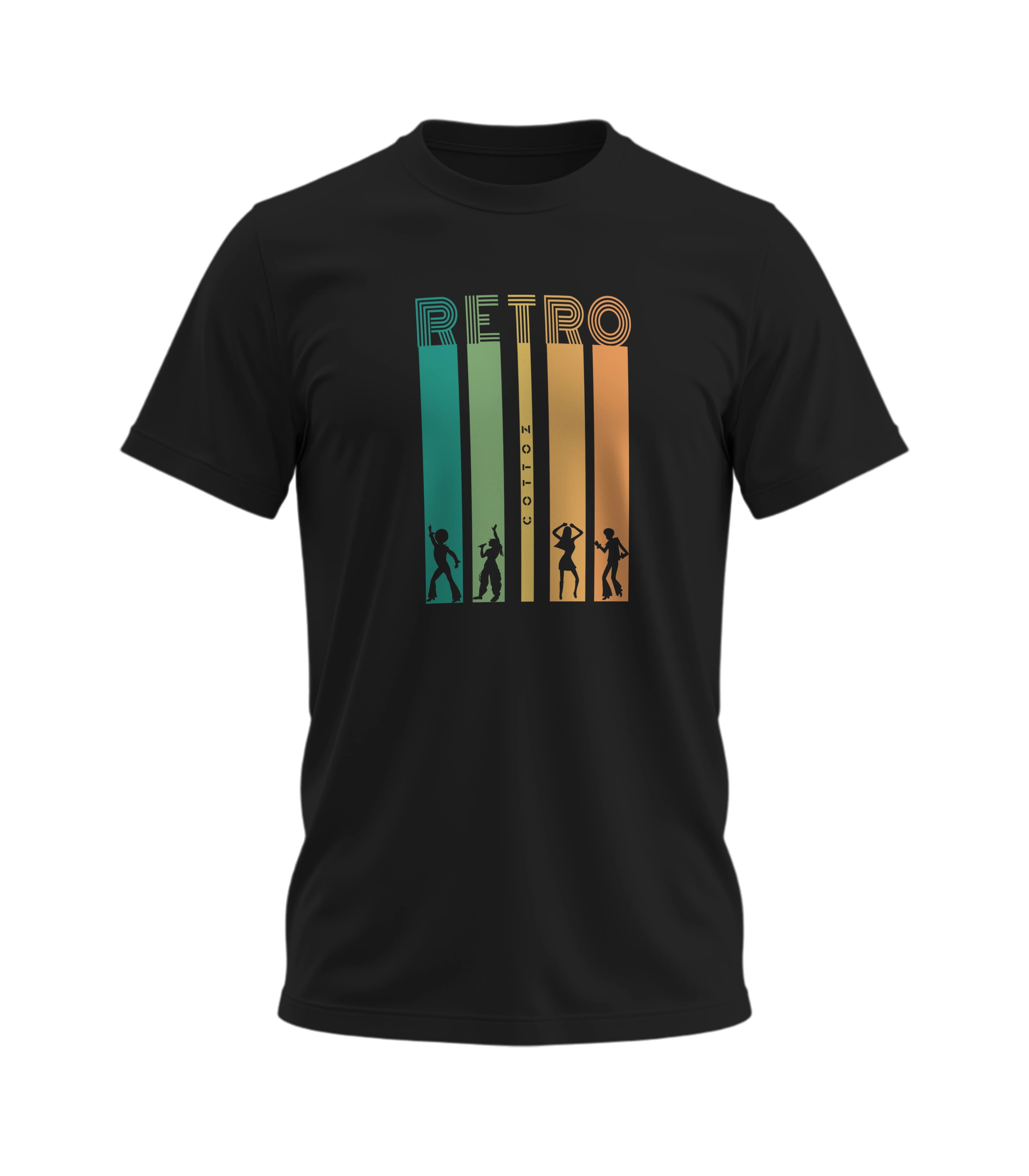 Black t-shirt with 'Retro' design featuring silhouettes on a white background