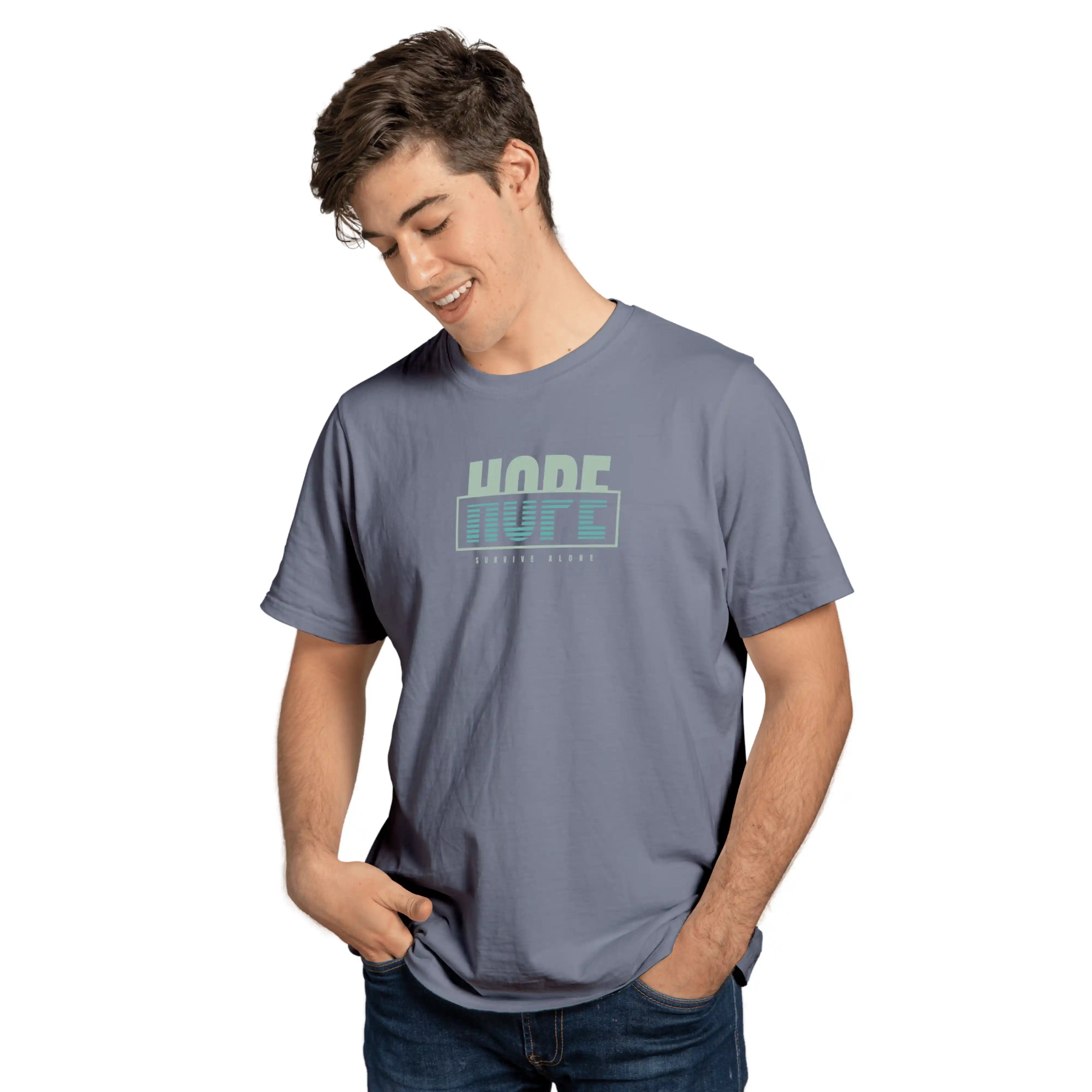 Man wearing a gray t-shirt with text on a white background