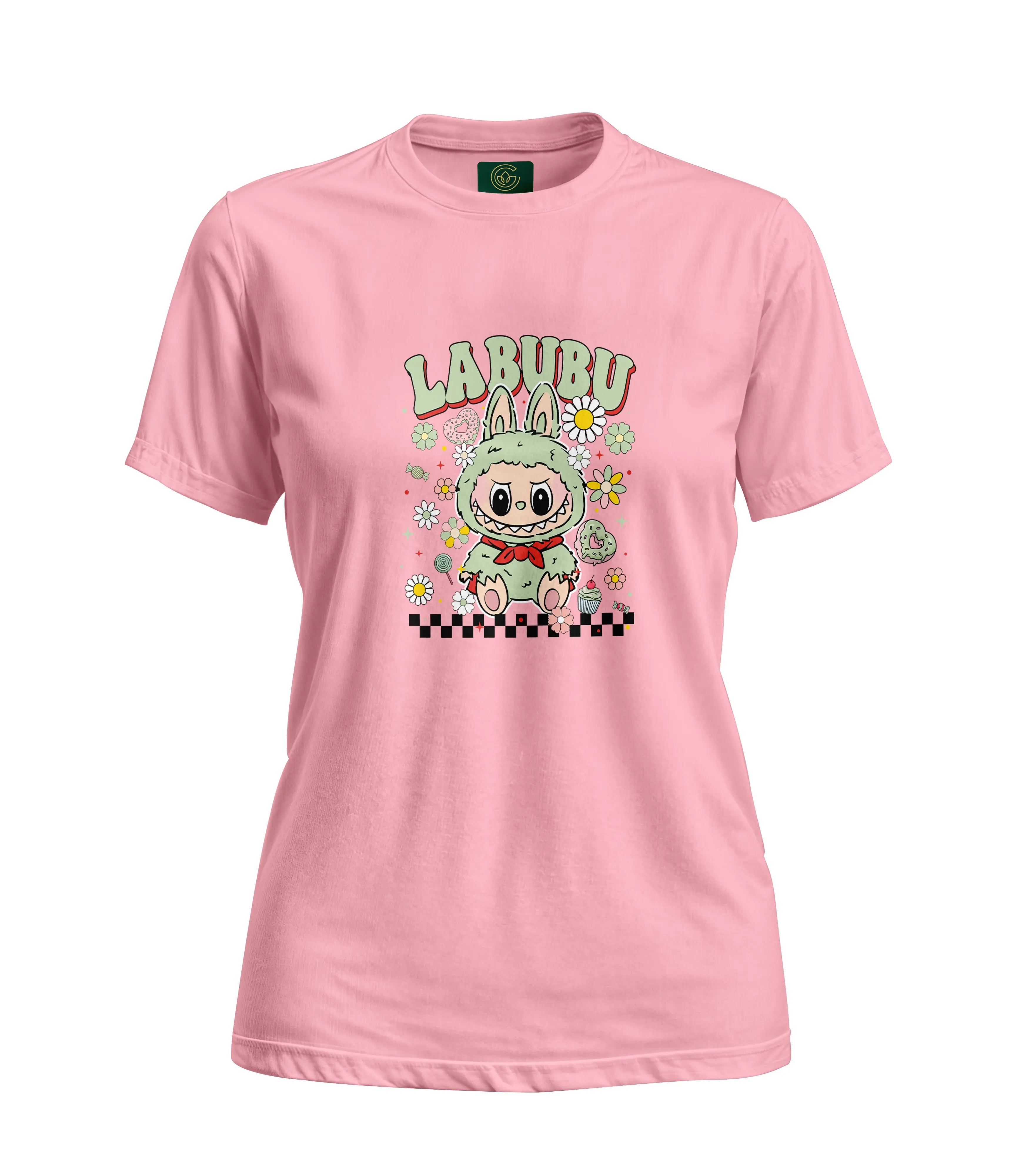 Pink t-shirt with a cartoon character and 'LABU BU' text on a white background